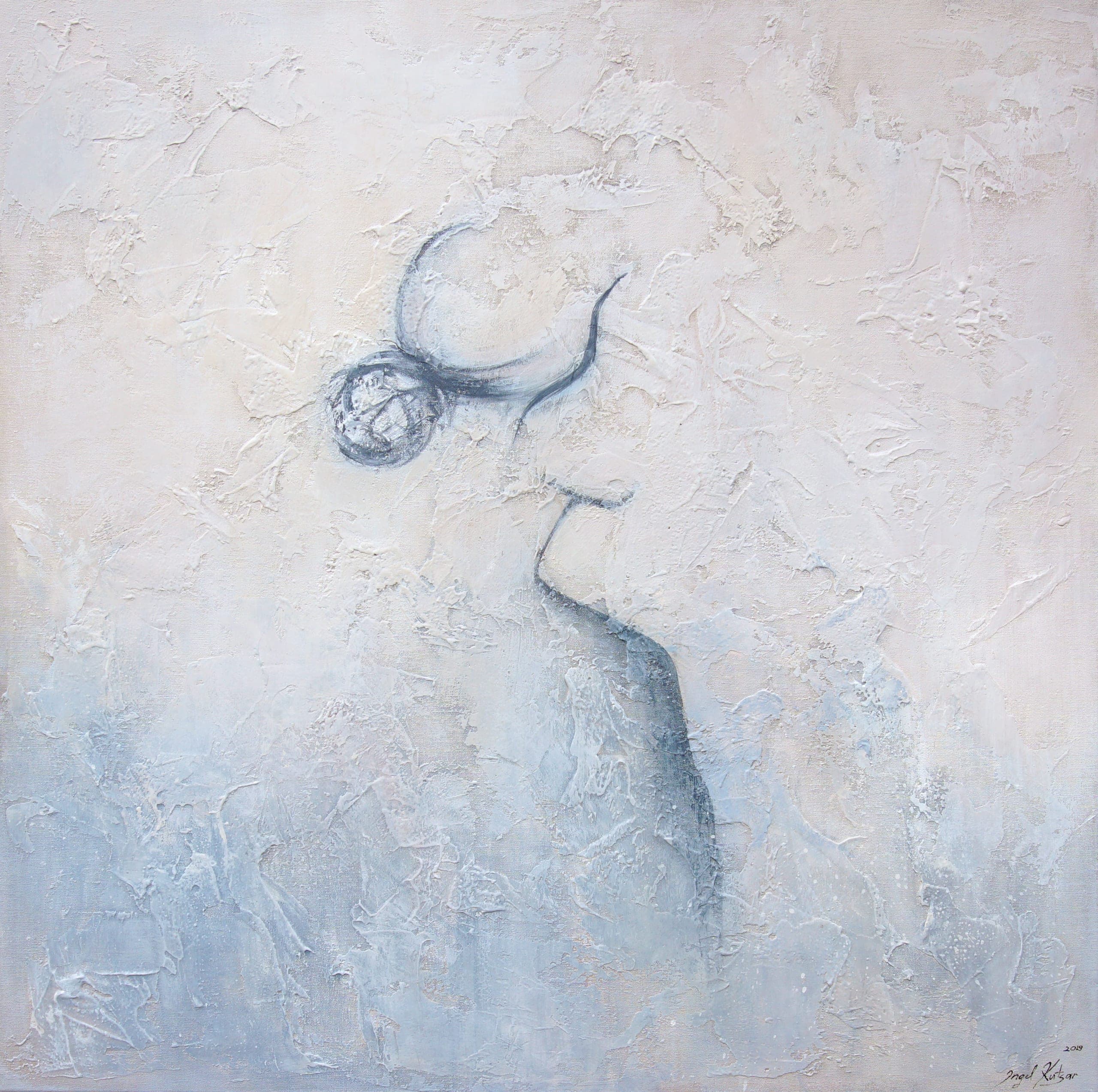 Presence – textured original abstract painting in light blue, beige and white tones with woman figure
