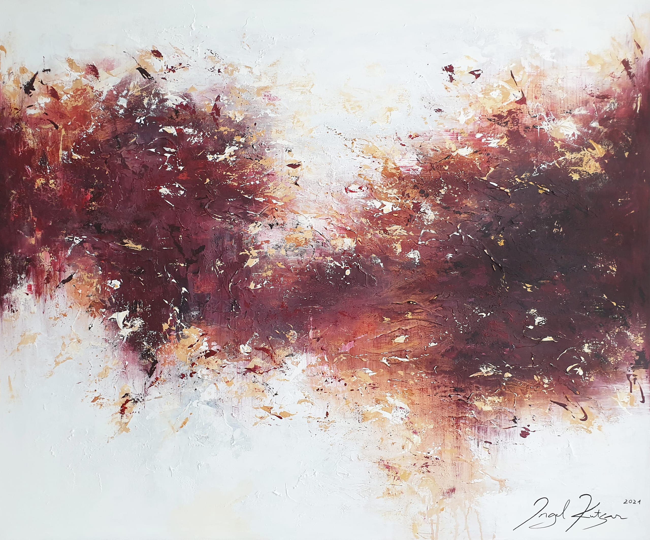 In Your arms – textured original abstract painting in red, orange and white tones