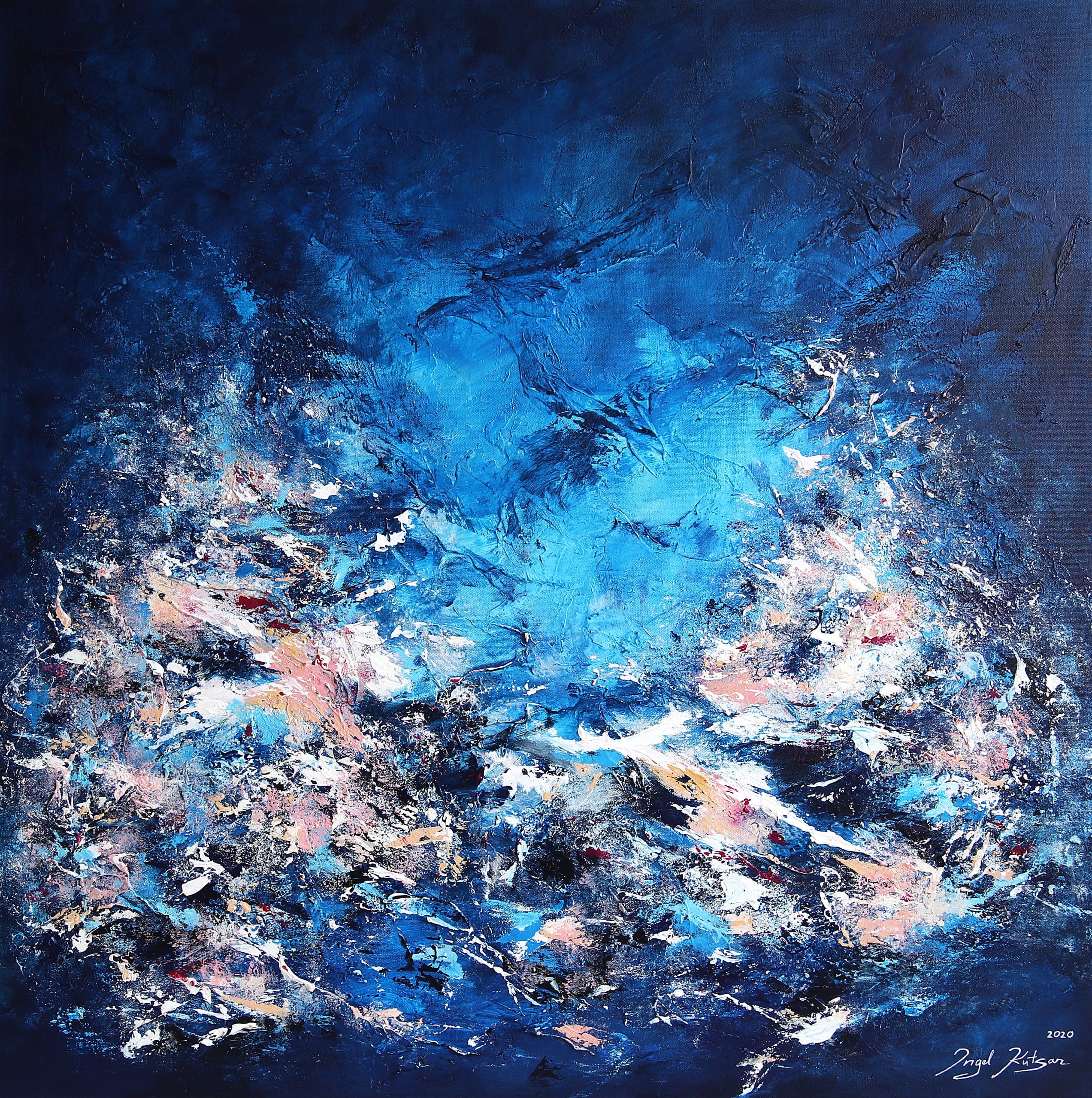 Textured abstract artwork in bright light and dark blue, pink and white tones, contemporary original painting
