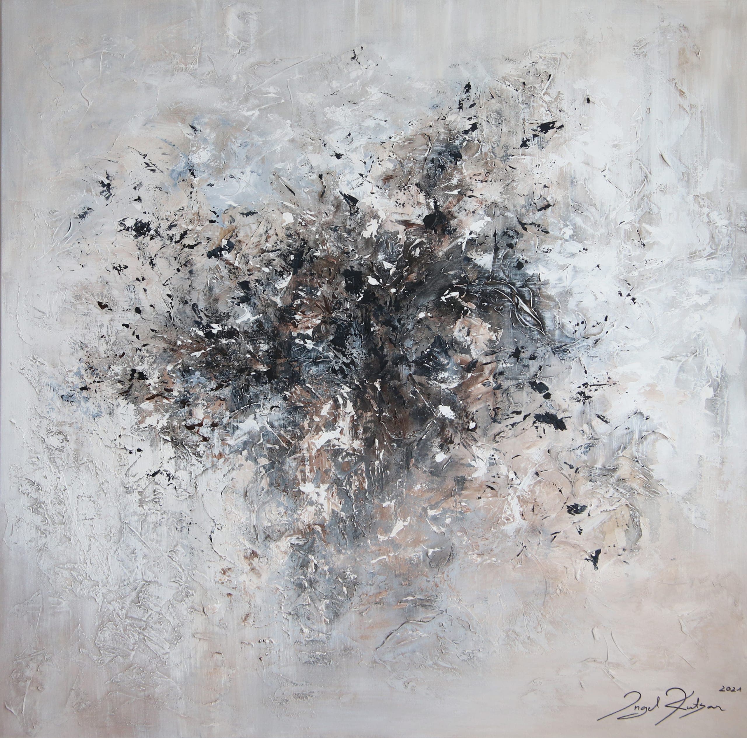 Waiting with open arms – textured original abstract painting in white, beige and black tones