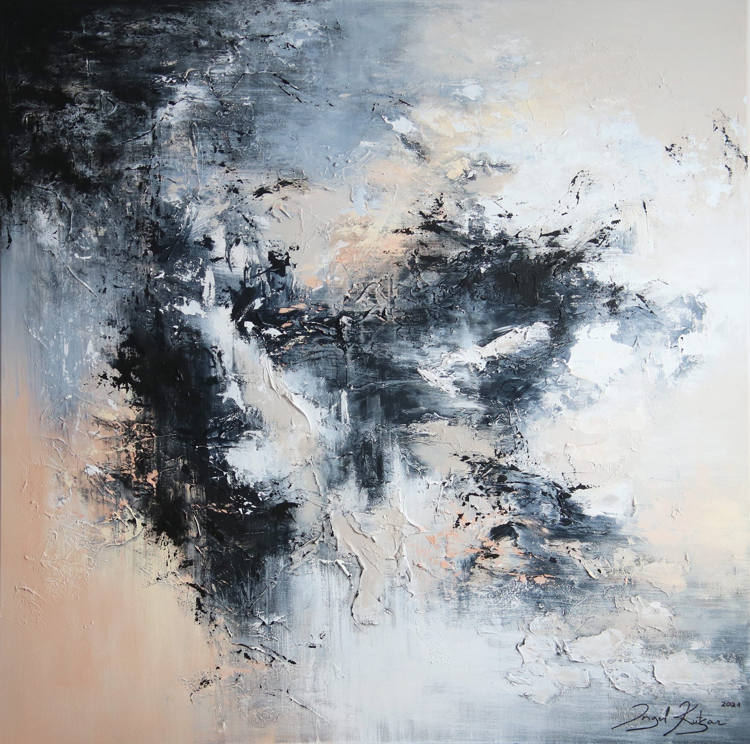 Life in full splendor – textured original abstract painting in cream white, dark and light blue, black tones