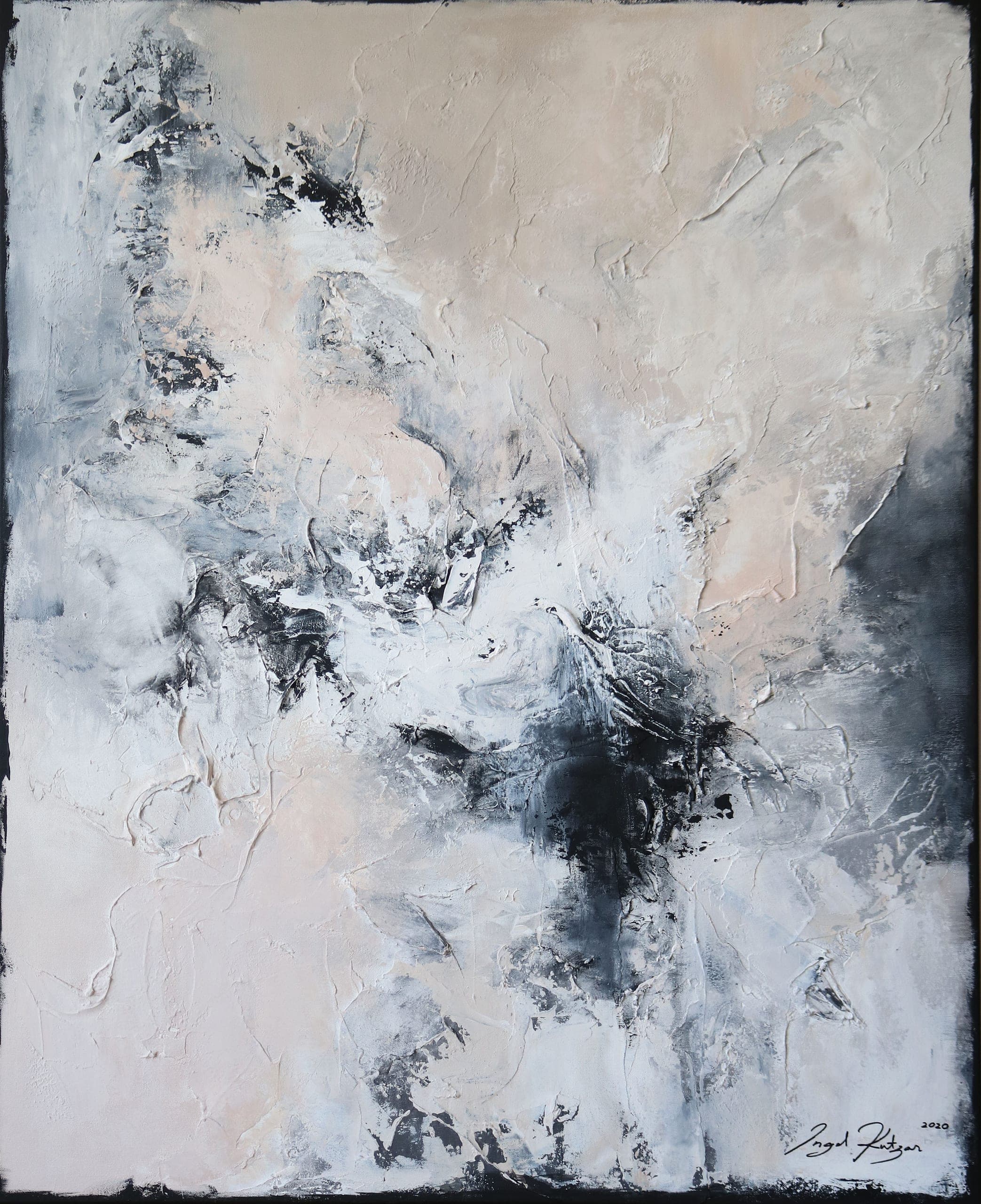 Flood of emotions – textured original abstract painting in gray, beige, black and white tones
