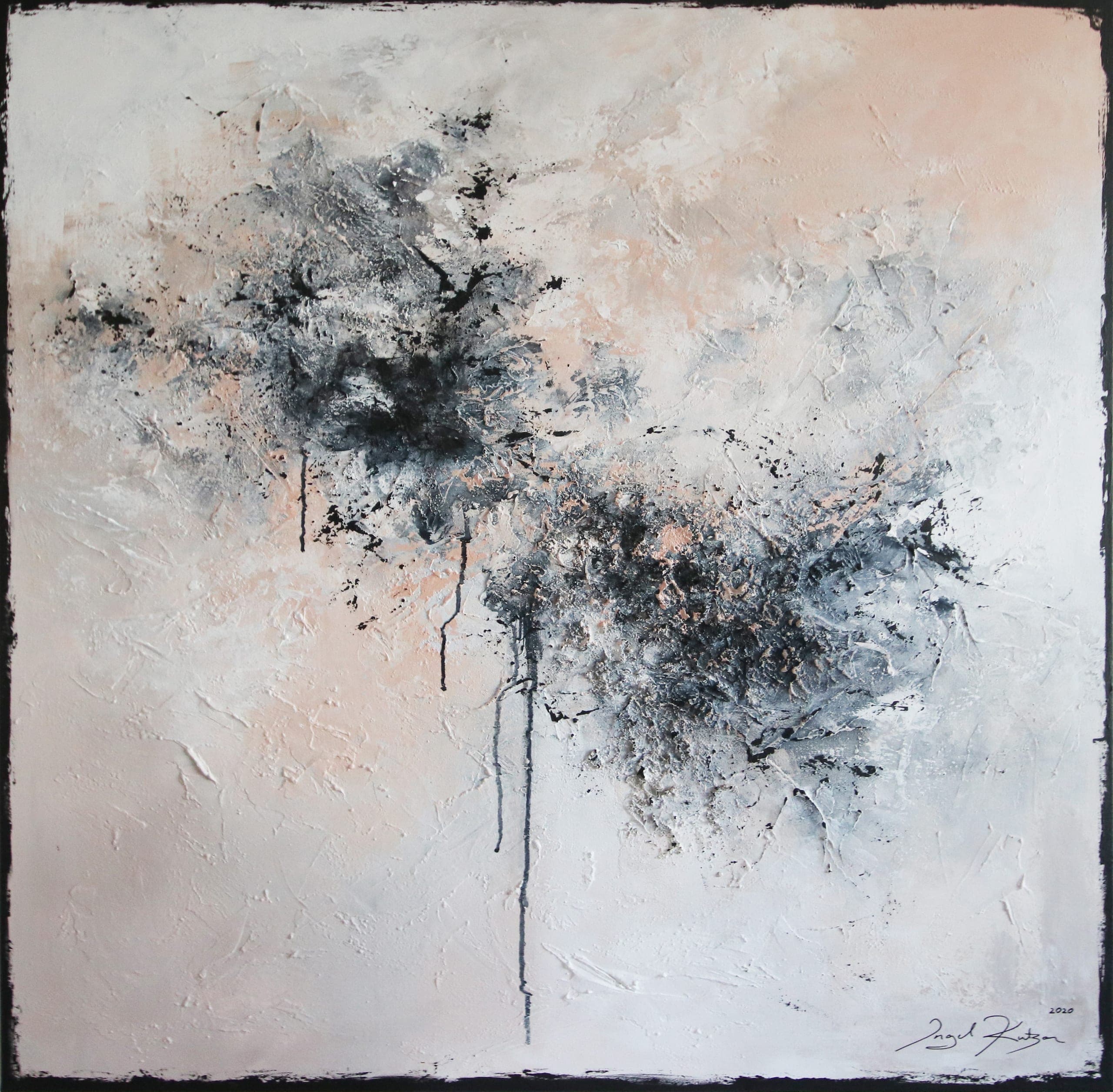 Flood of emotions II – textured original abstract painting in beige, white and black tones