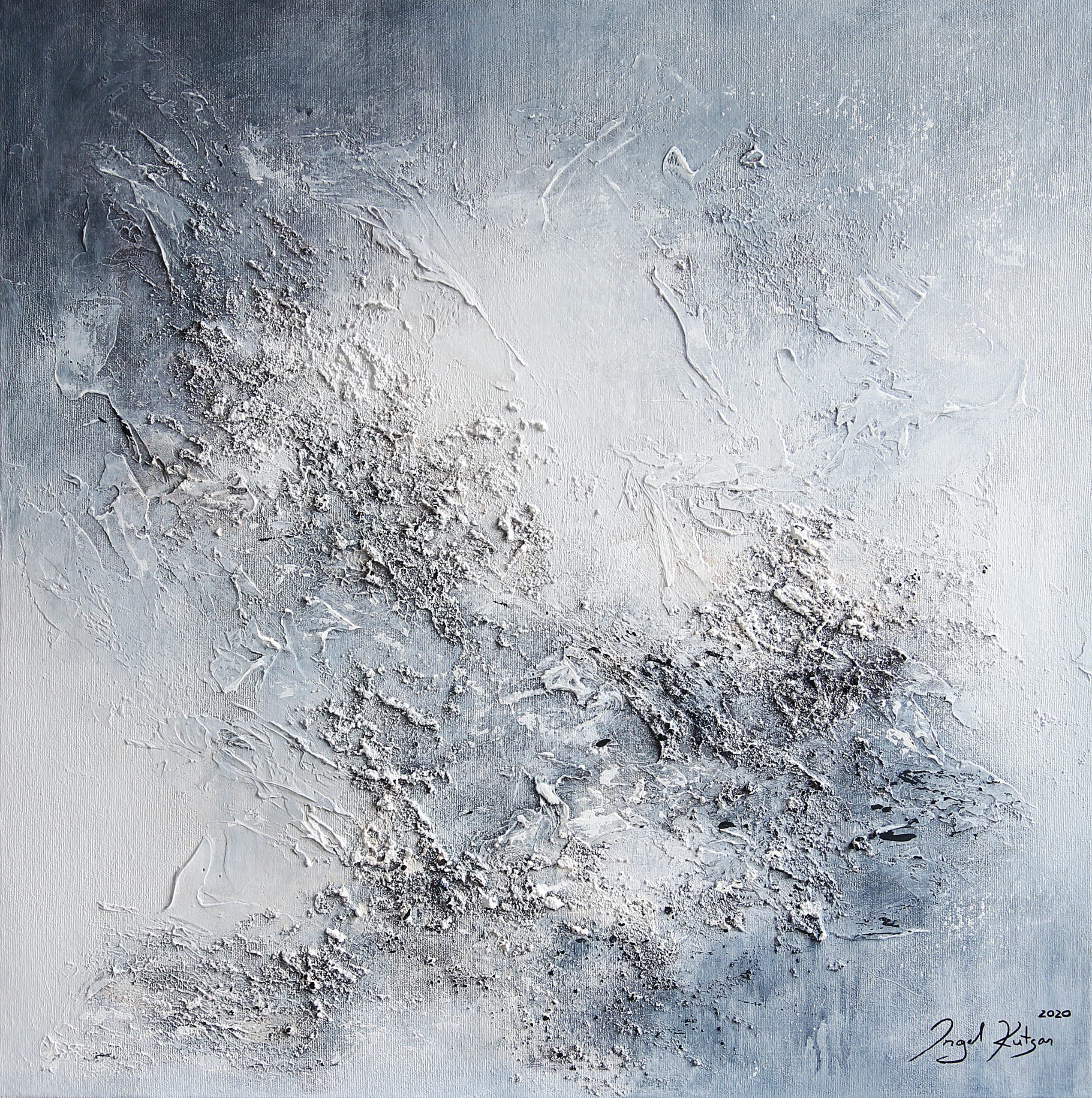 Frost – textured original abstract painting in gray bluish and white tones