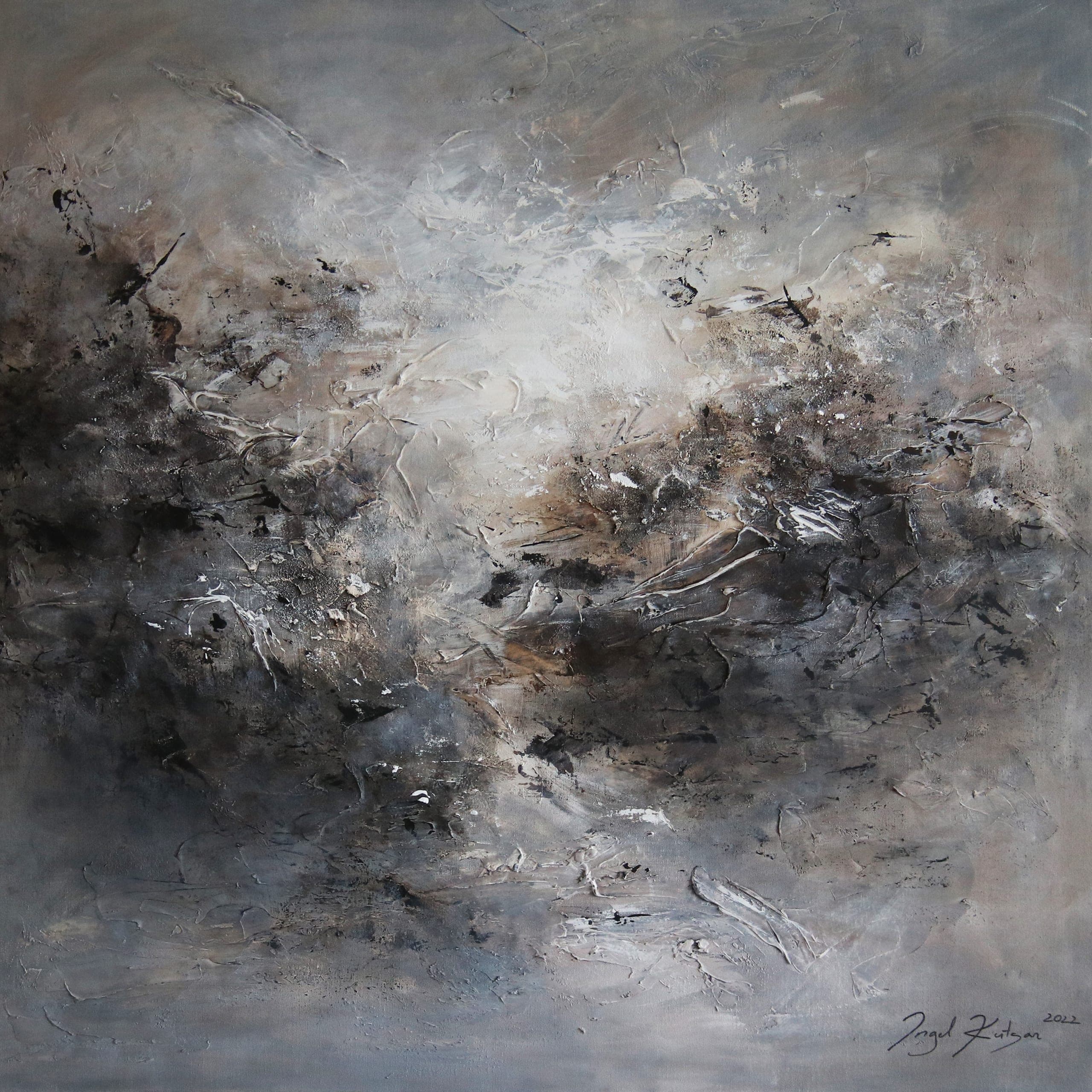 Resonating echo – textured original abstract painting in gray, brown and black tones