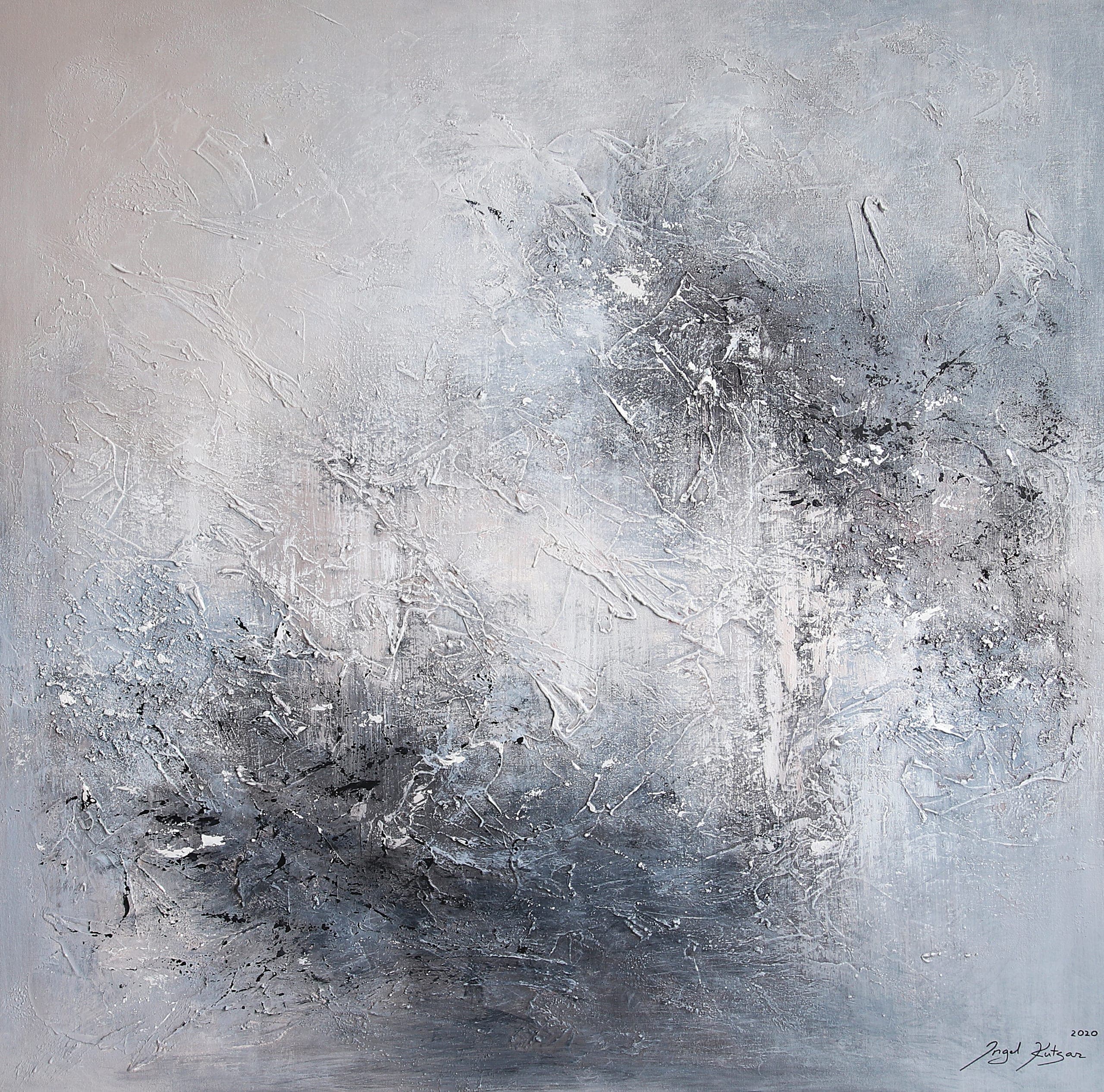 Glimmering memory – textured original abstract painting in gray, blue, beige and white tones