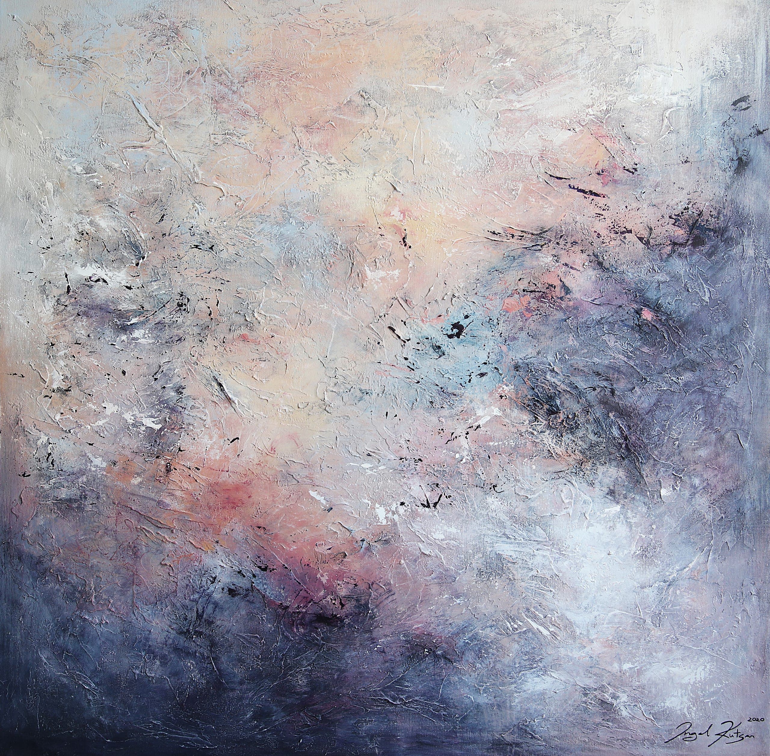 Morning glow – textured original abstract painting in light and dark blue, pink and white tones