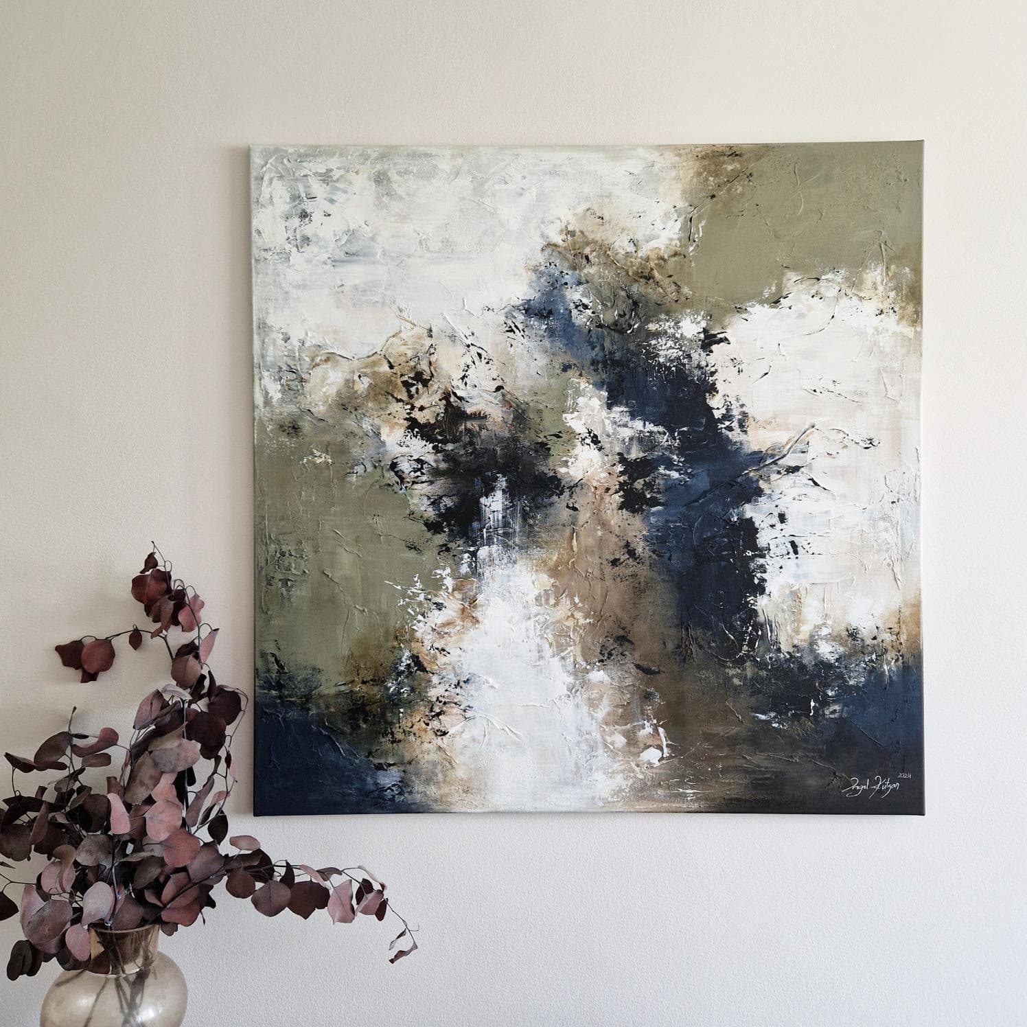 Perfect moment – original abstract painting in green and bluish-brown tones with rich texture