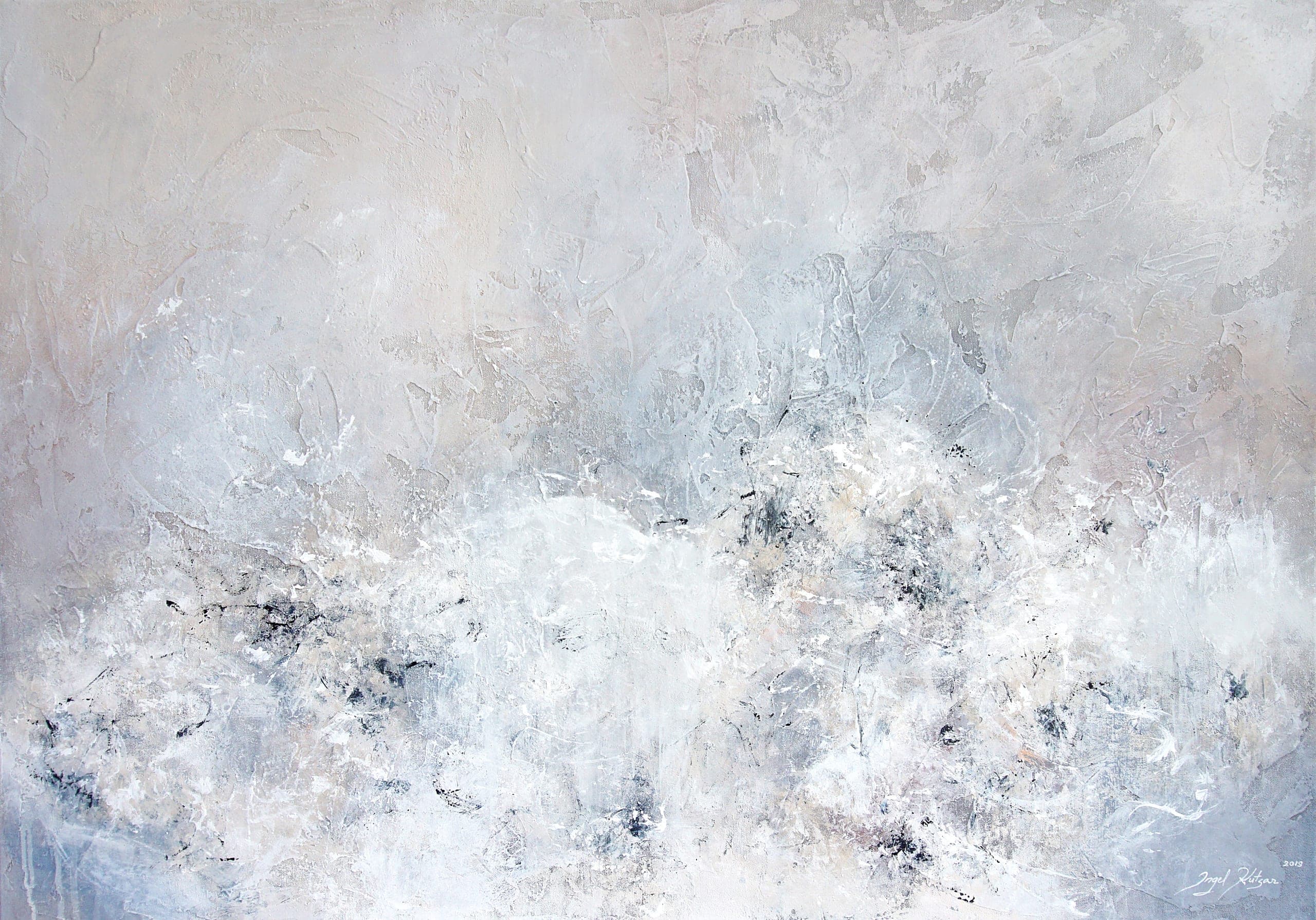 Textured abstract artwork in light blue, light gray, light brown and white tones, contemporary original painting