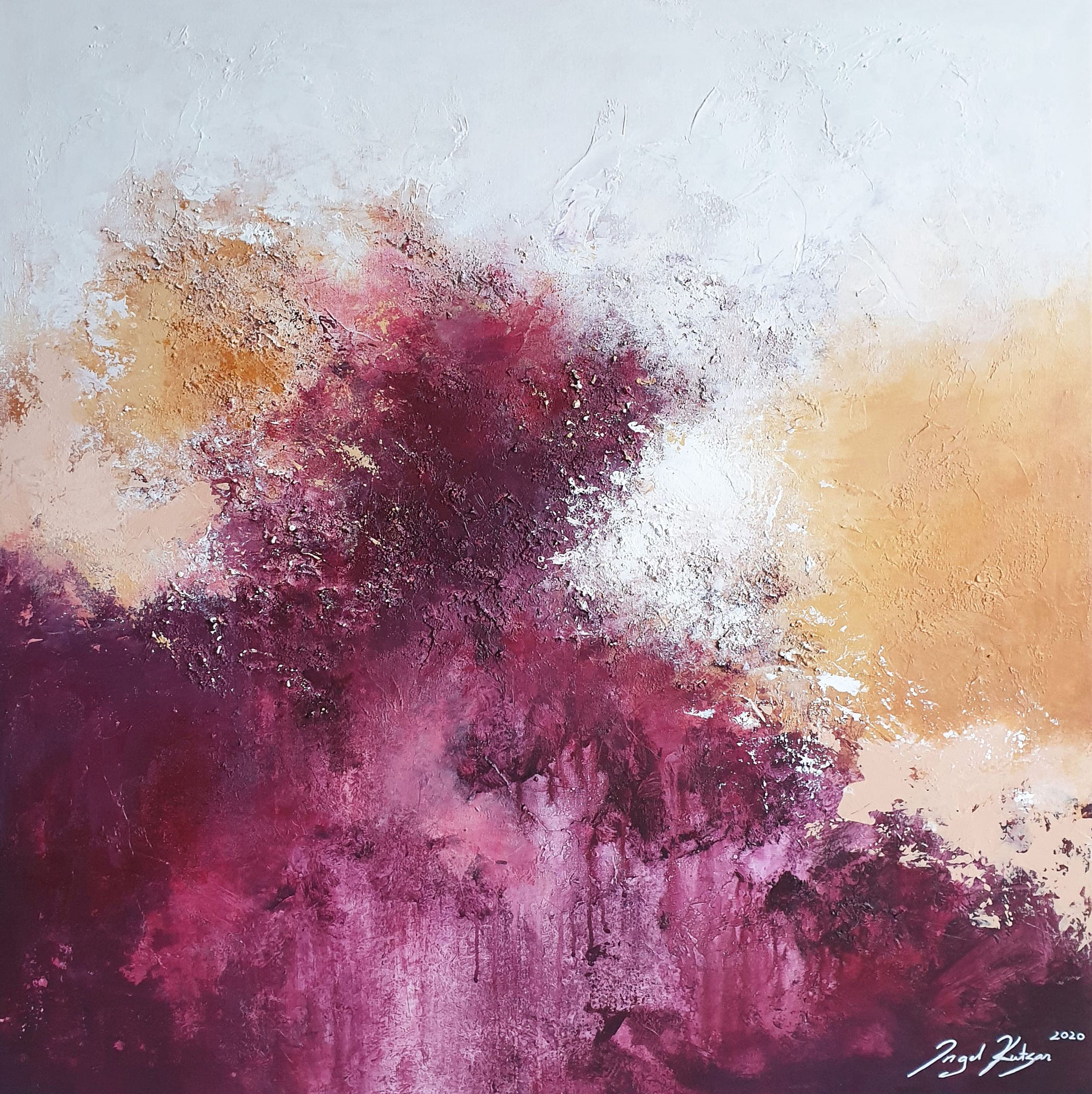 Enchanted by beauty – textured original abstract painting in bright pink, orange and whites tones