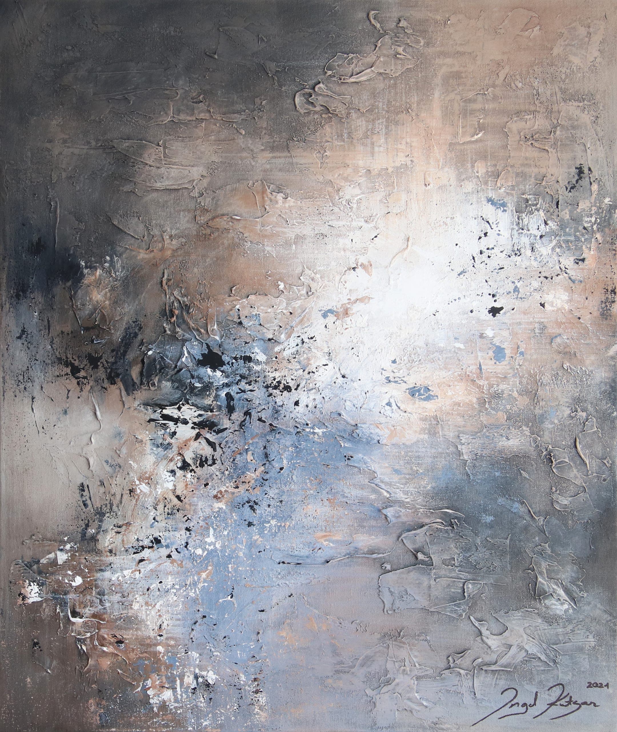 Beautiful illusion – textured original abstract painting in dark and light, blue and white tones