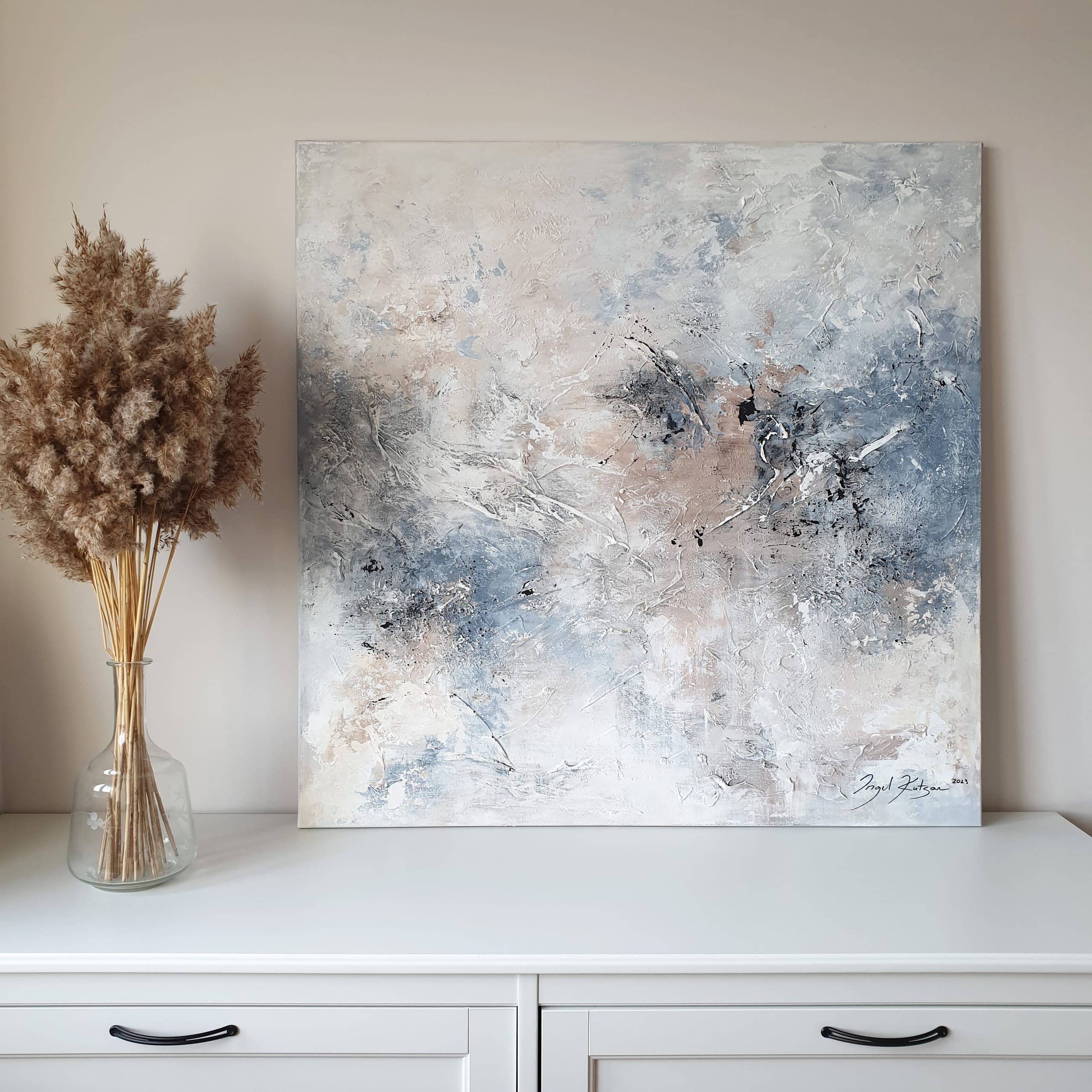 Crisp beauty – textured original abstract painting in light blue, beige and white tones