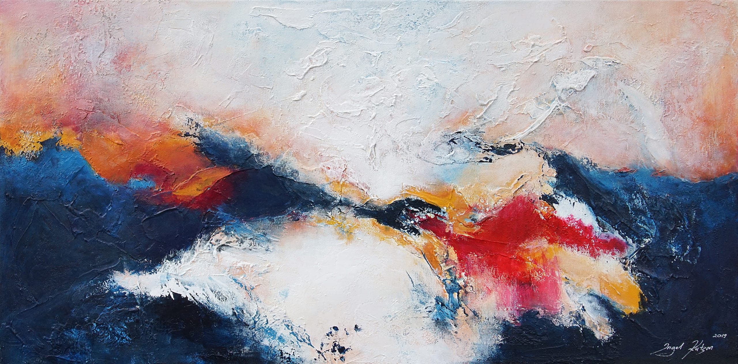 Vortex – original abstract painting in dark blue, red, yellow and orange tones with rich texture