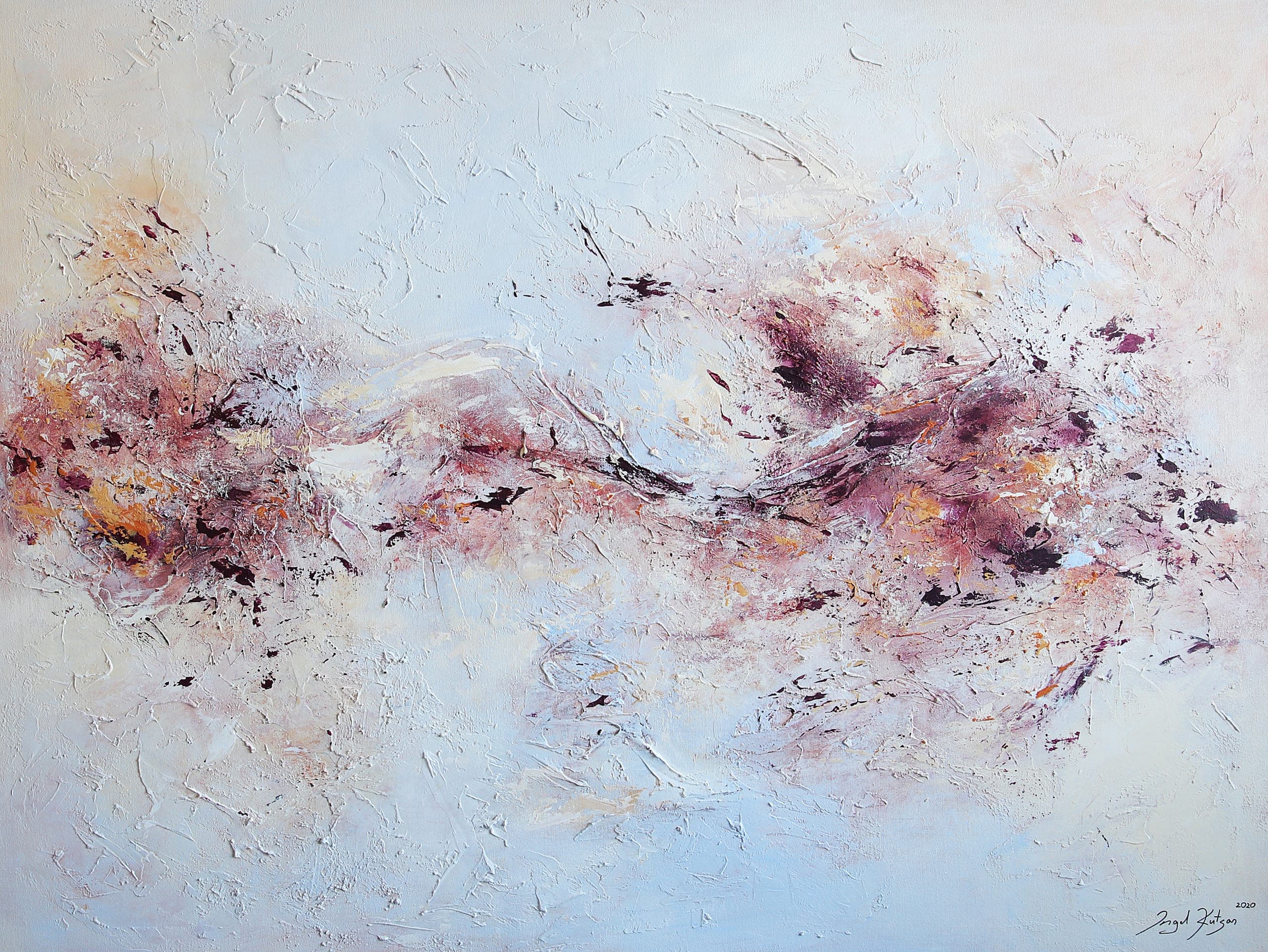 Illuminated moment – textured original abstract painting in light blue, light yellow, orange and dark red tones