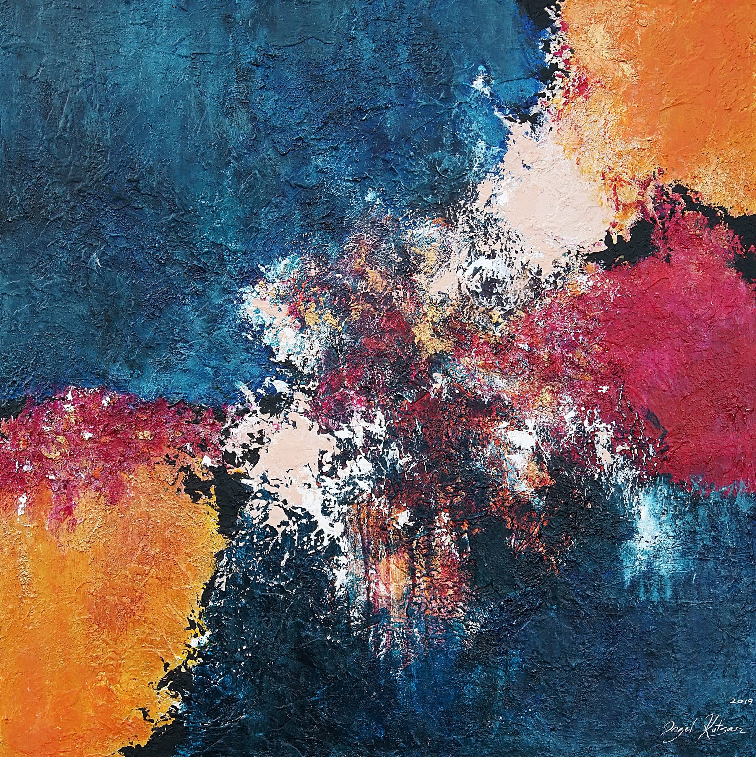 Rendezvous – textured original abstract painting in dark blue, dark pink and orange tones