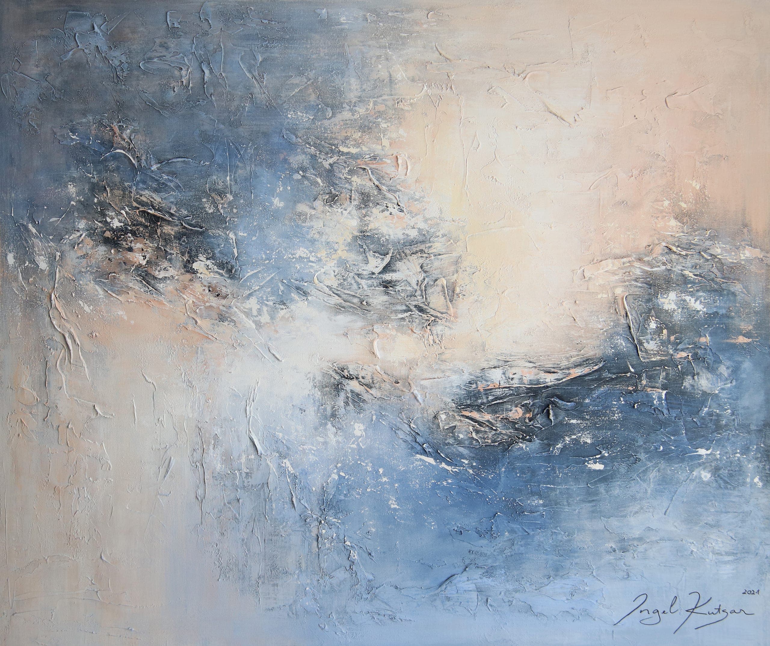 The Good and The New – textured original abstract painting in blue and cream tones