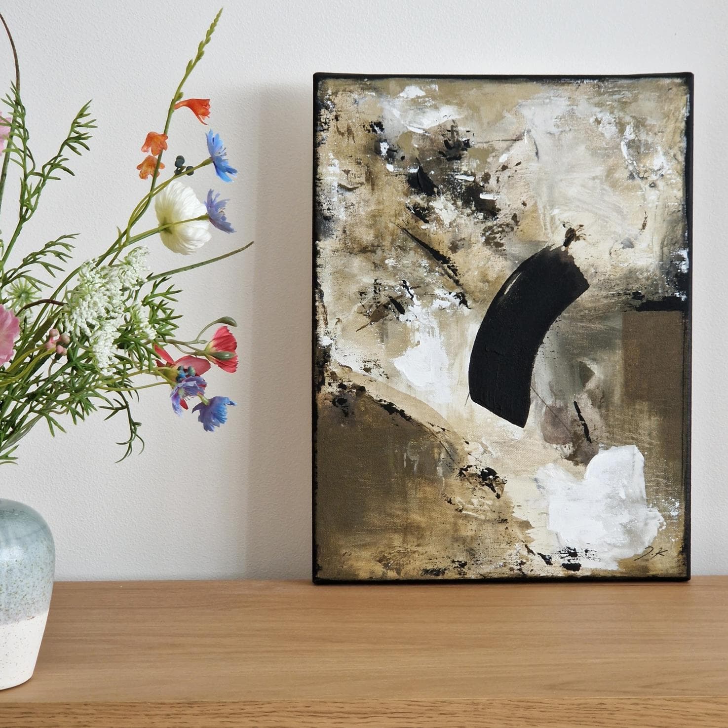 Composition n3 – textured original abstract painting in earthy green, beige, white and black tones