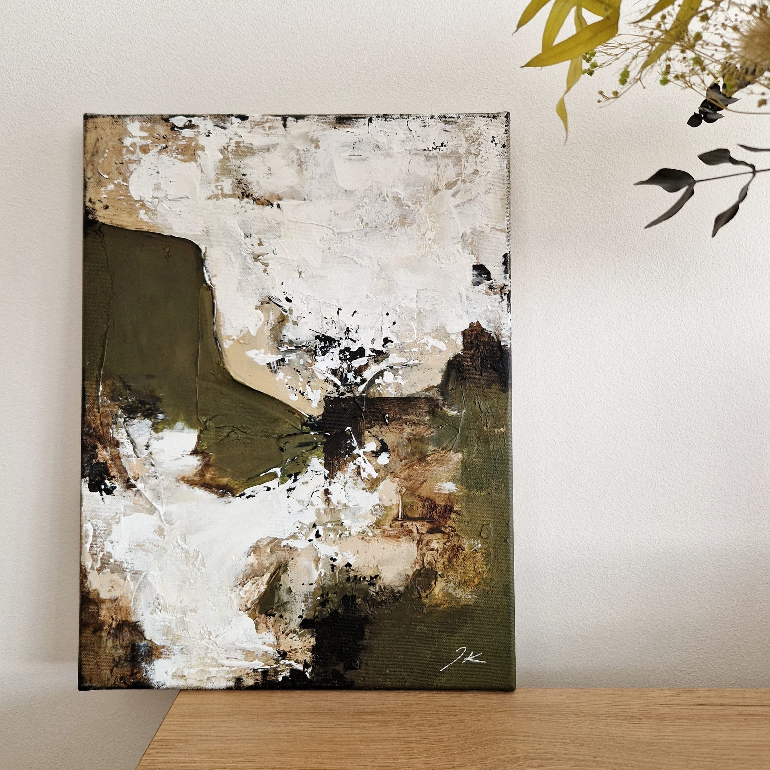 Textured abstract artwork in green and brown tones, contemporary original painting