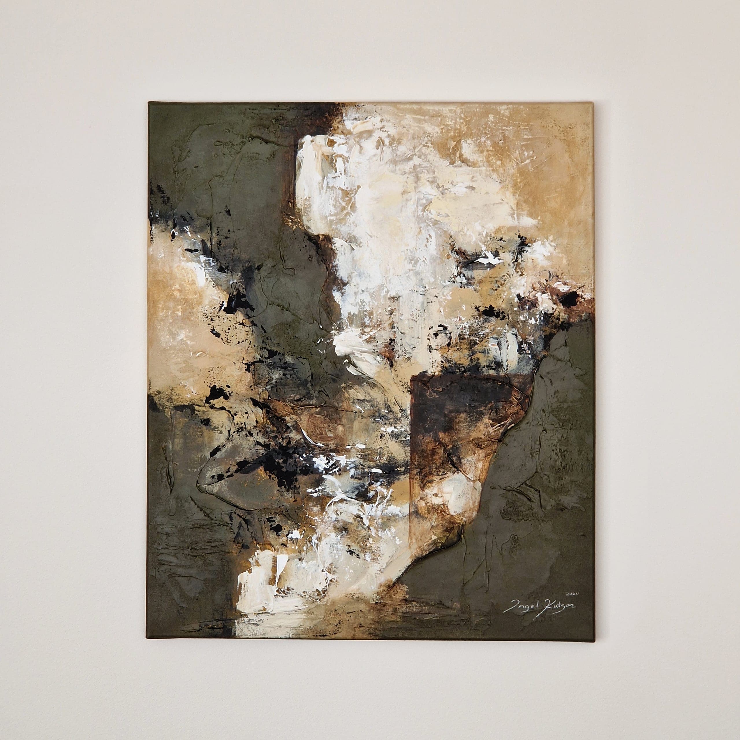 Composition n325 II – textured original abstract painting in earthy green and brown, white tones