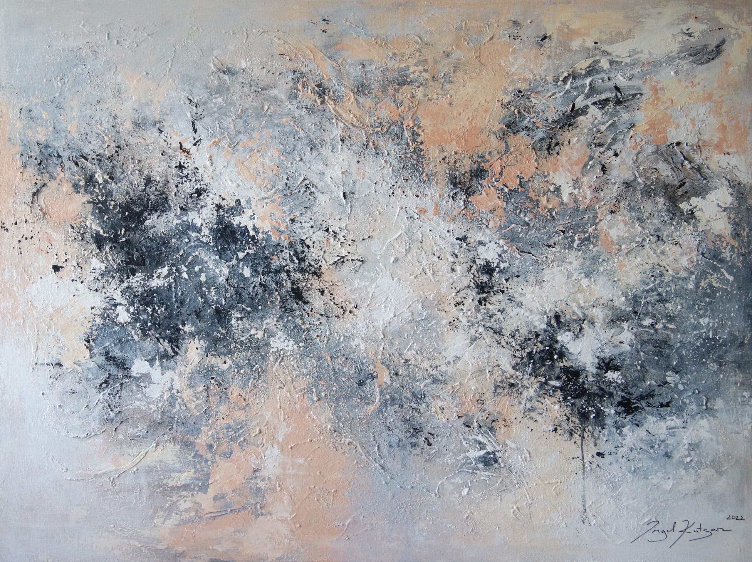 Fulfillment – textured original abstract painting in light and dark blue, salmon pink and white tones