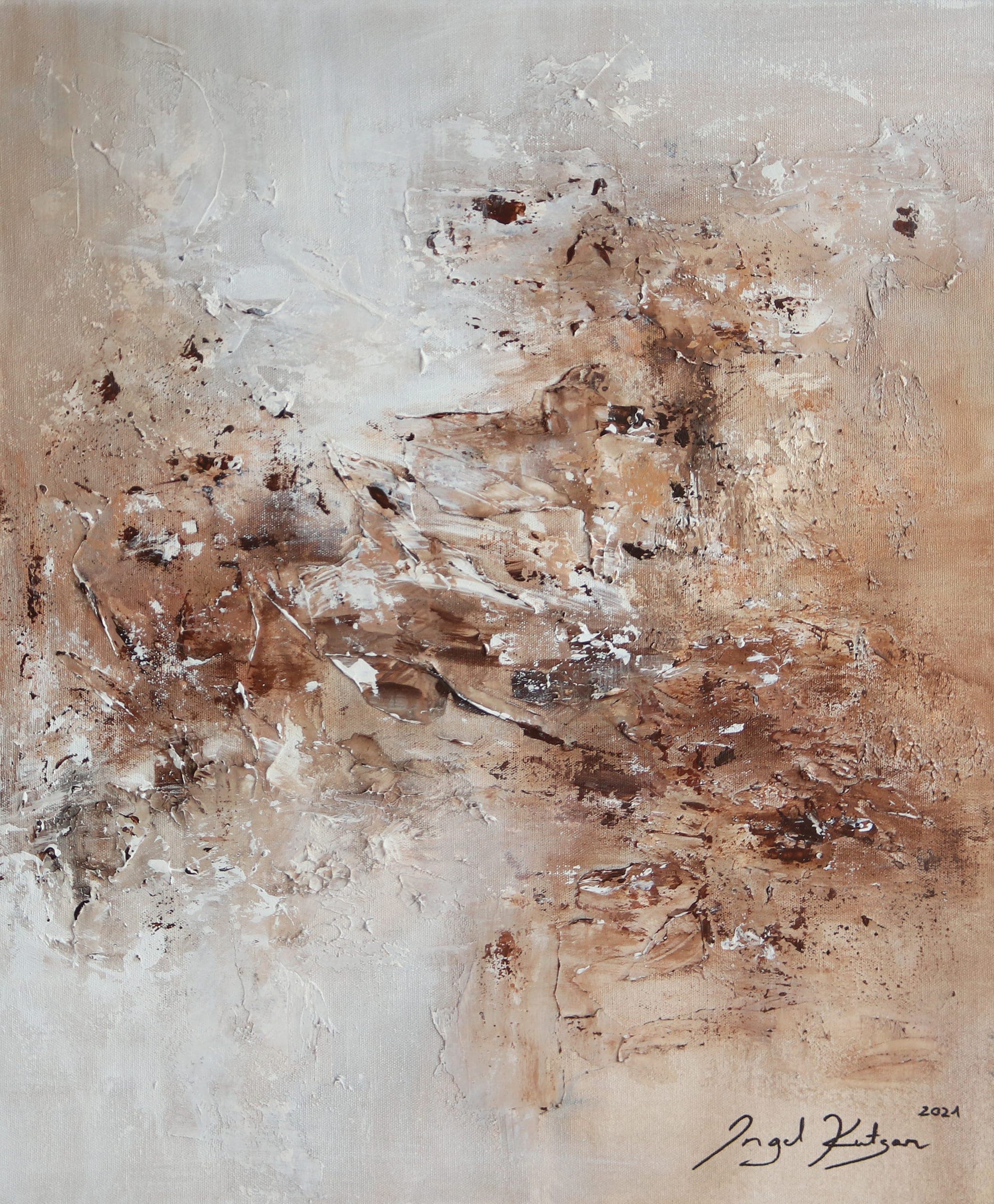 The Golden hour – textured original abstract painting in warm brown and white tones