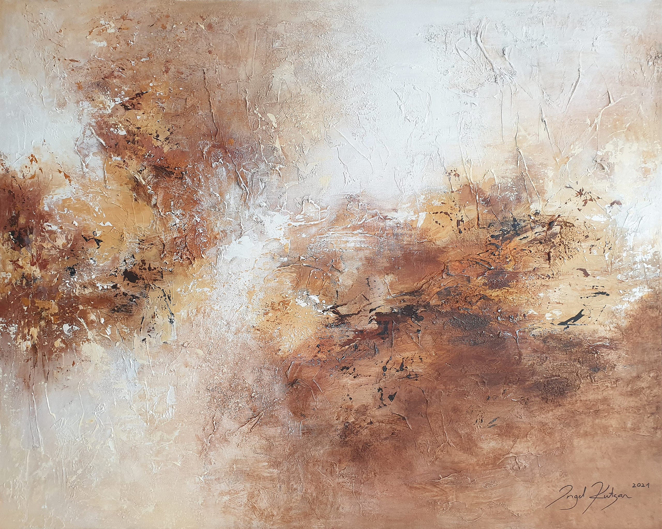 The Golden hour – textured original abstract painting in golden brown and white tones