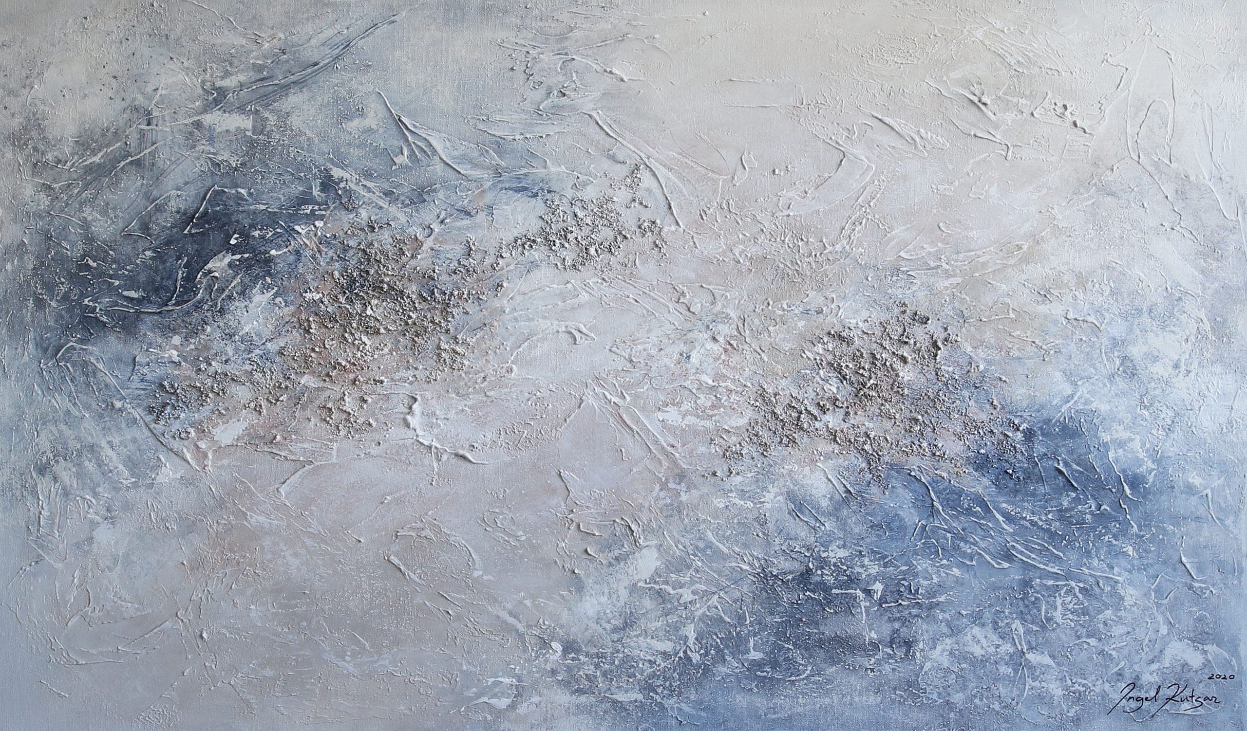 Flow– textured original abstract painting in light blue, beige and white tones