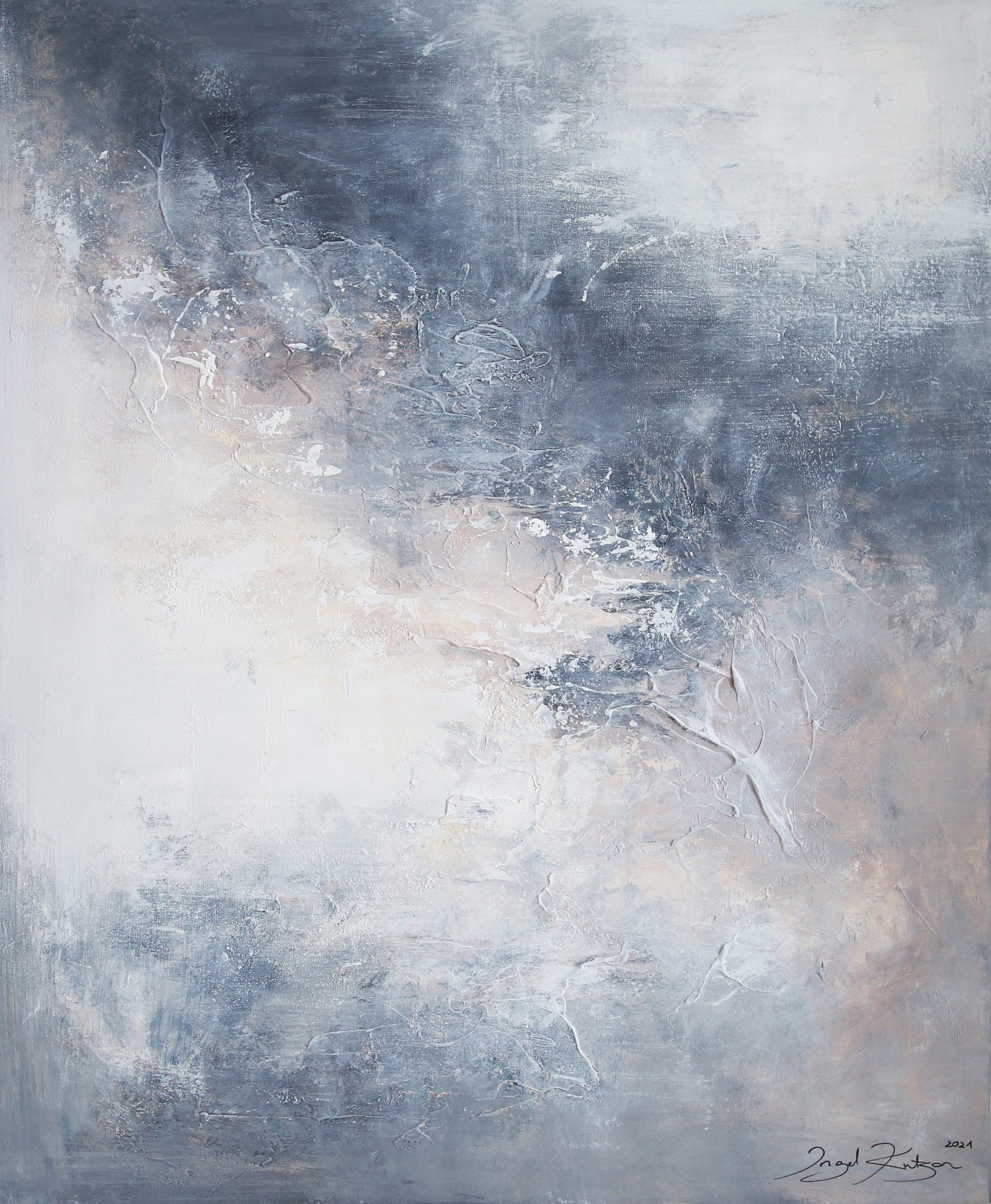 Far, far away – textured original abstract painting in blue, gray, beige and white tones