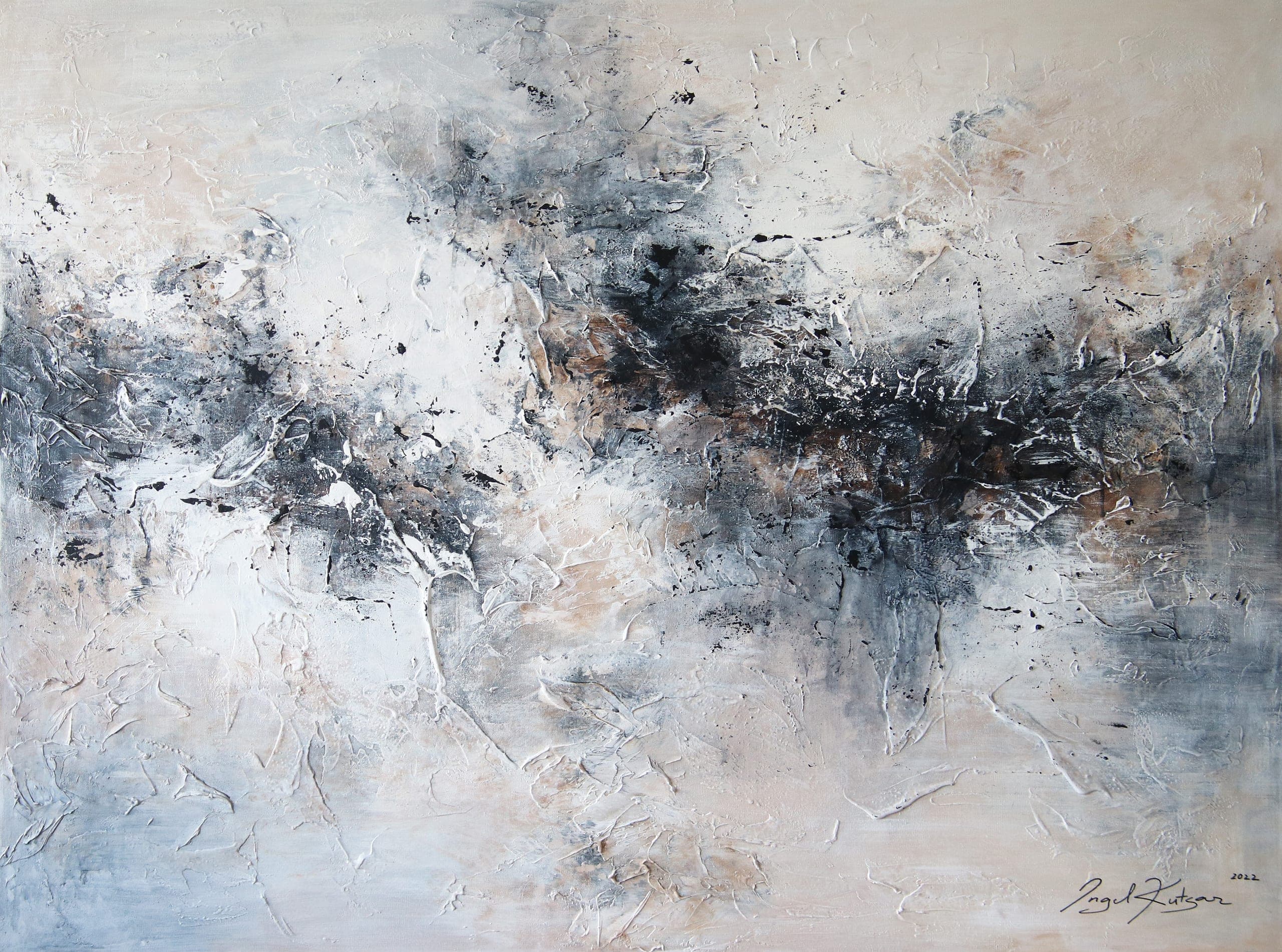 Contemporary abstract painting "Floating dream" featuring layered texture and balanced composition in blue and beige tones
