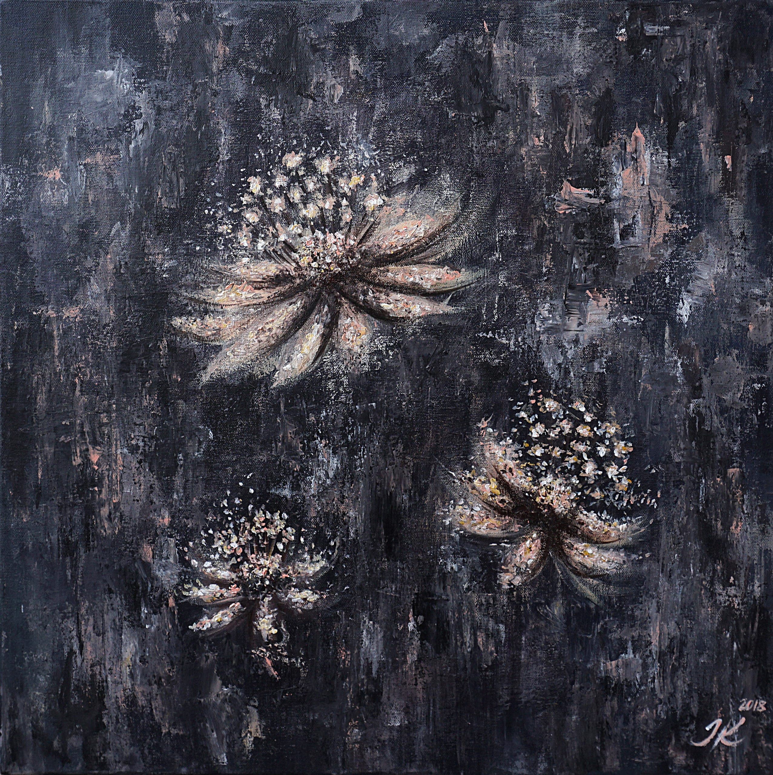 Flowers – original abstract painting in dark blue, beige, light pink and white tones with rich texture