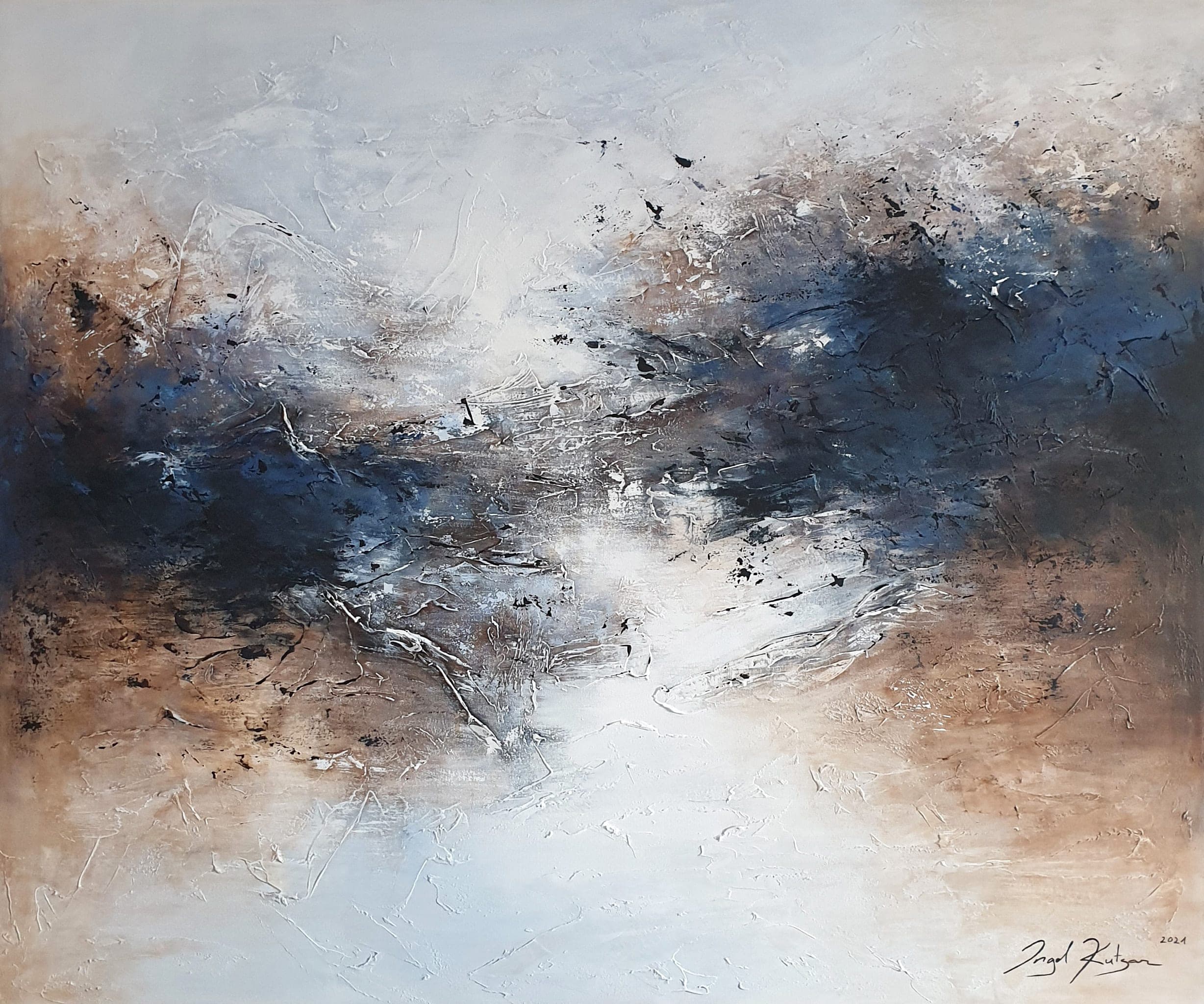 Nature's Creation – textured original abstract painting in brown, blue and white tones