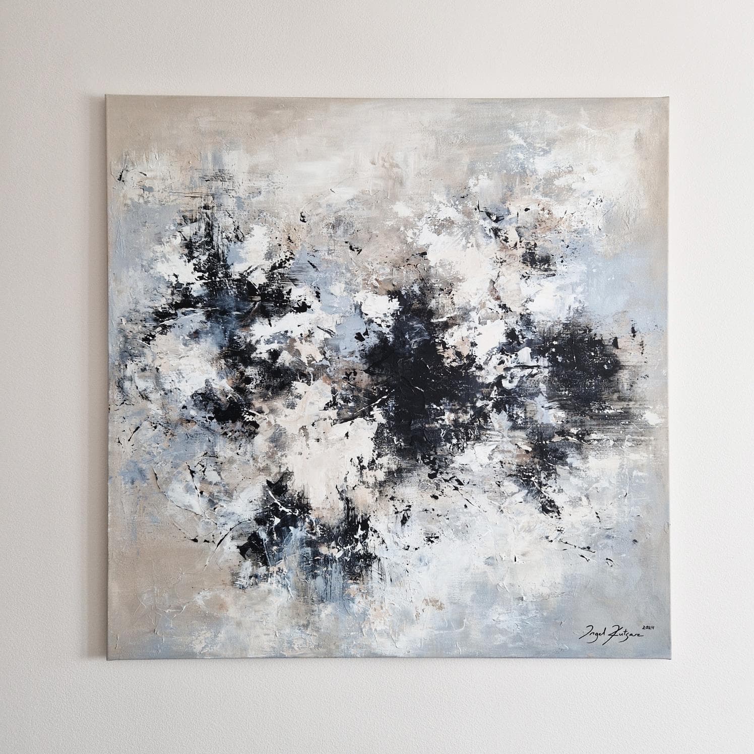 Spotting beauty – textured original abstract painting in light blue, beige, white and black tones