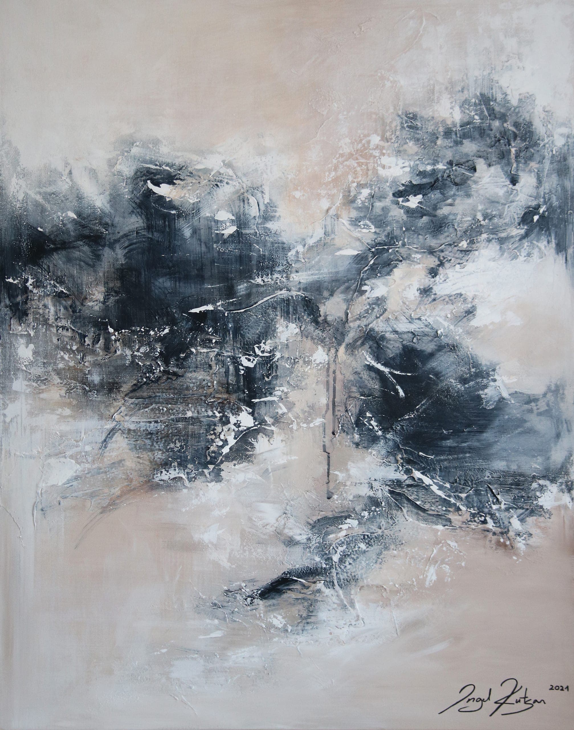 Sea sound – original abstract painting in dark blue and beige tones with rich texture