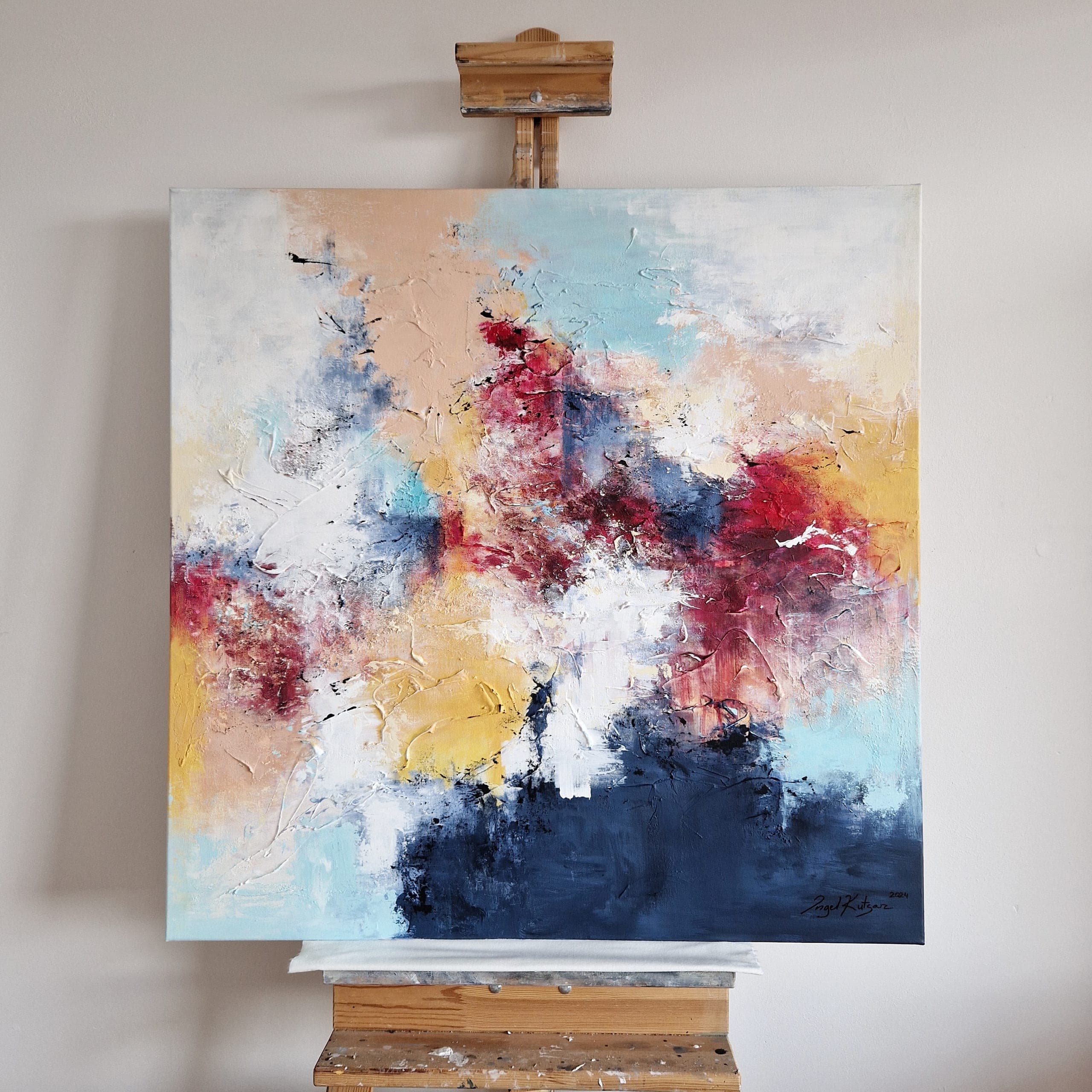 A Sweet memory – textured original abstract painting in bright blue, pink, red and yellow tones