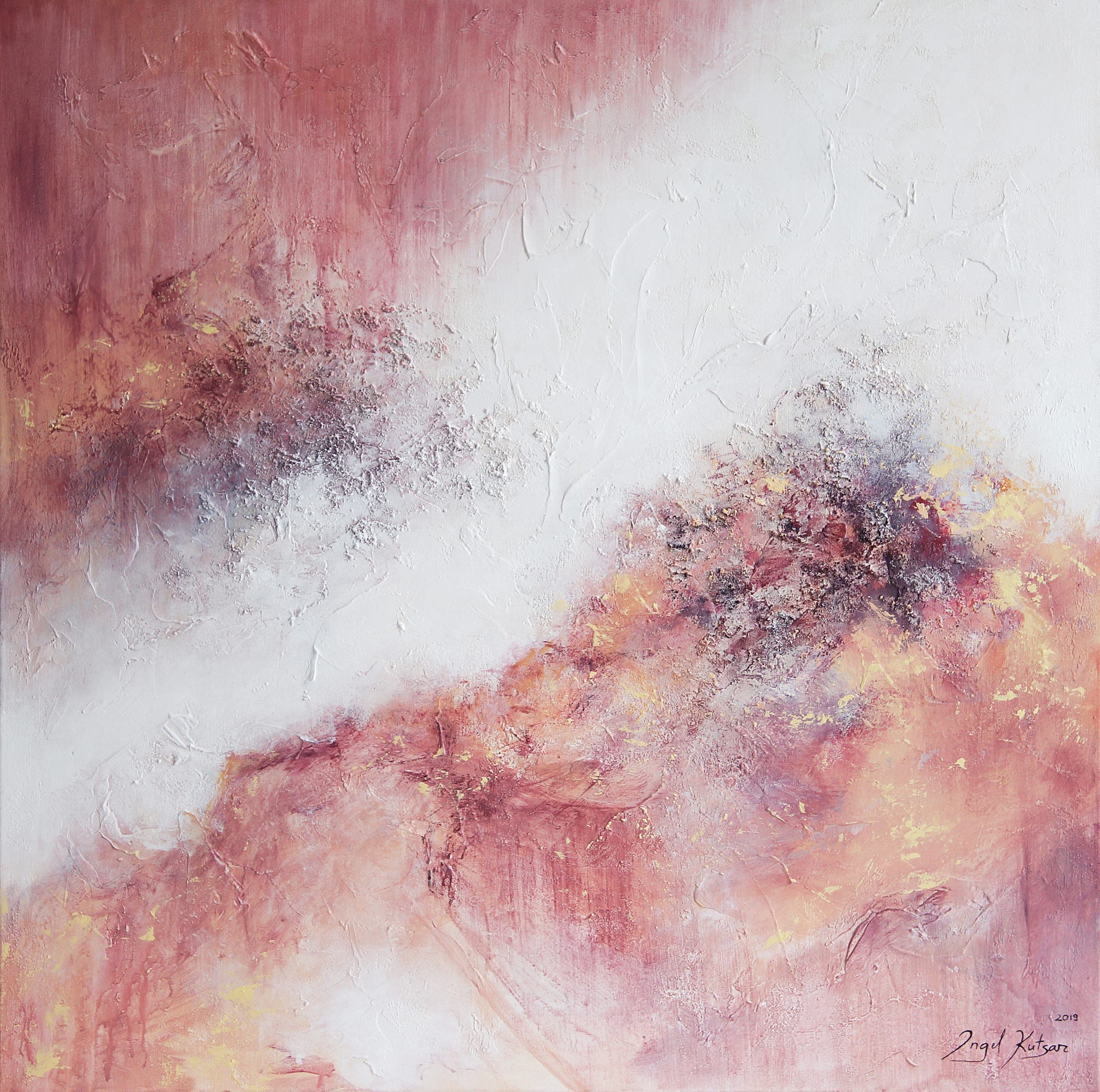 Mysterious Grace – textured original abstract painting in red, pink, yellow and white tones