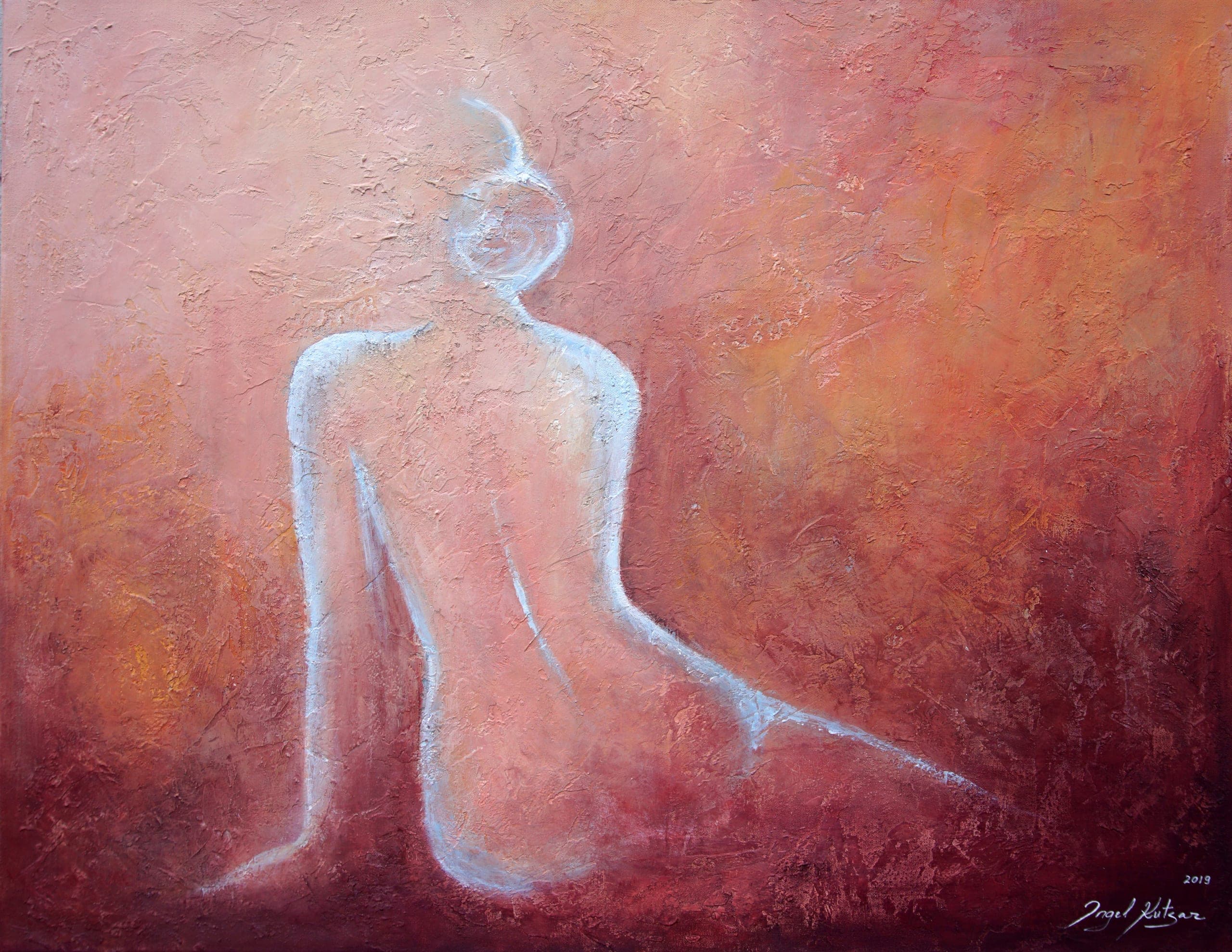 Woman – original abstract painting in red, orange, light pink and light blue tones with rich texture