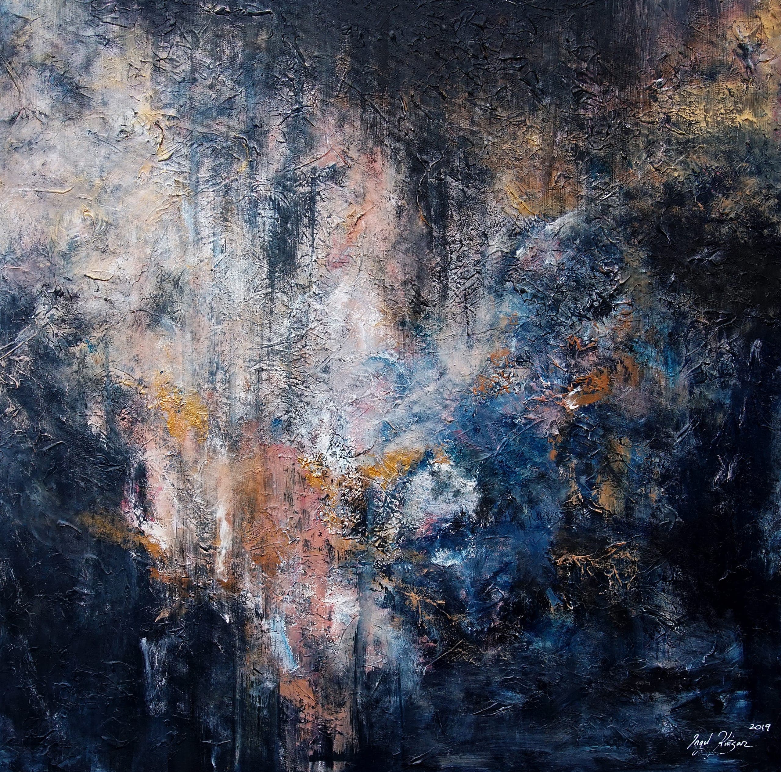 No 1706 – textured original abstract painting in dark blue, yellow, beige, black and white tones