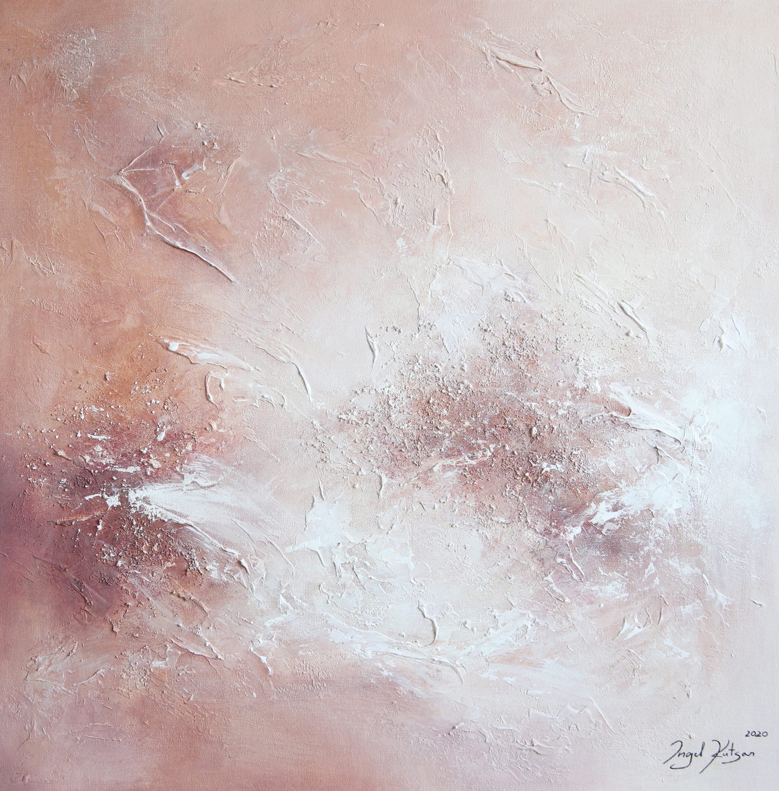 Ethereal touch – original abstract painting in pastel pink and white tones with rich texture