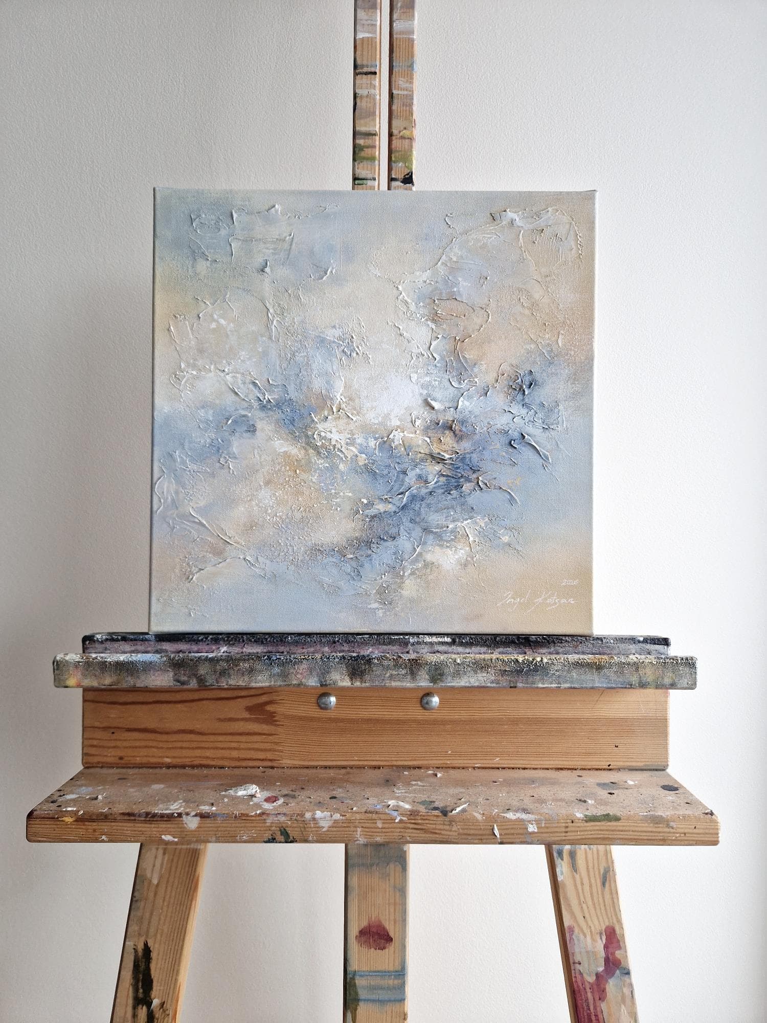 Ethereal crispness – original abstract painting in blue and beige tones with rich texture