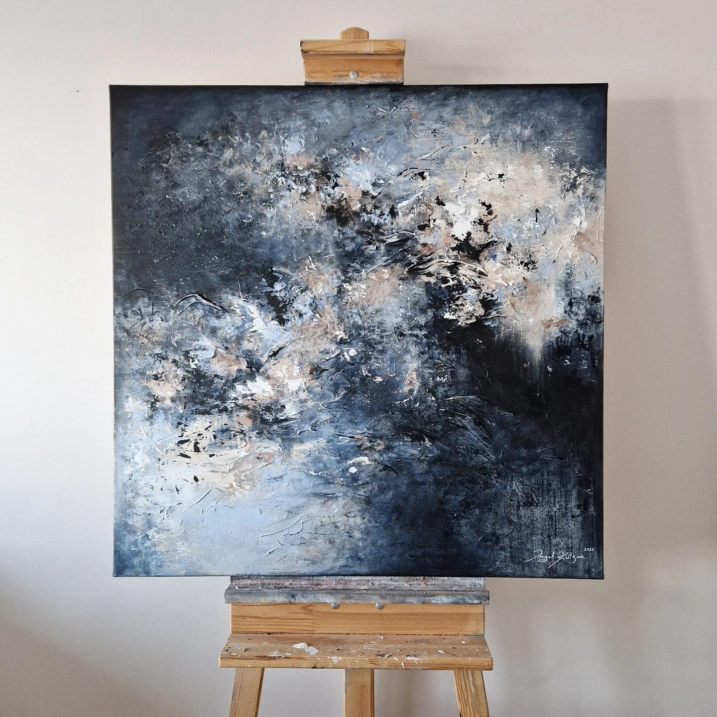 Nocturnal radiance – textured original abstract painting in dark and light blue, black and white tones