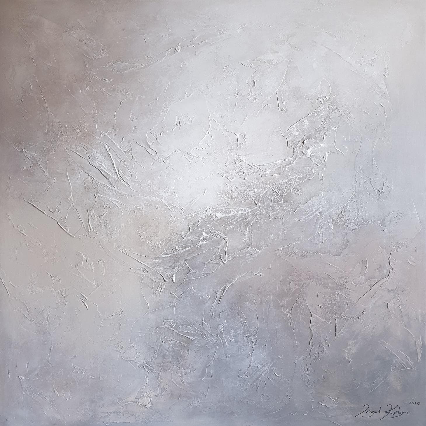 A Gentle breeze – textured original abstract painting in gray bluish, beige and white tones