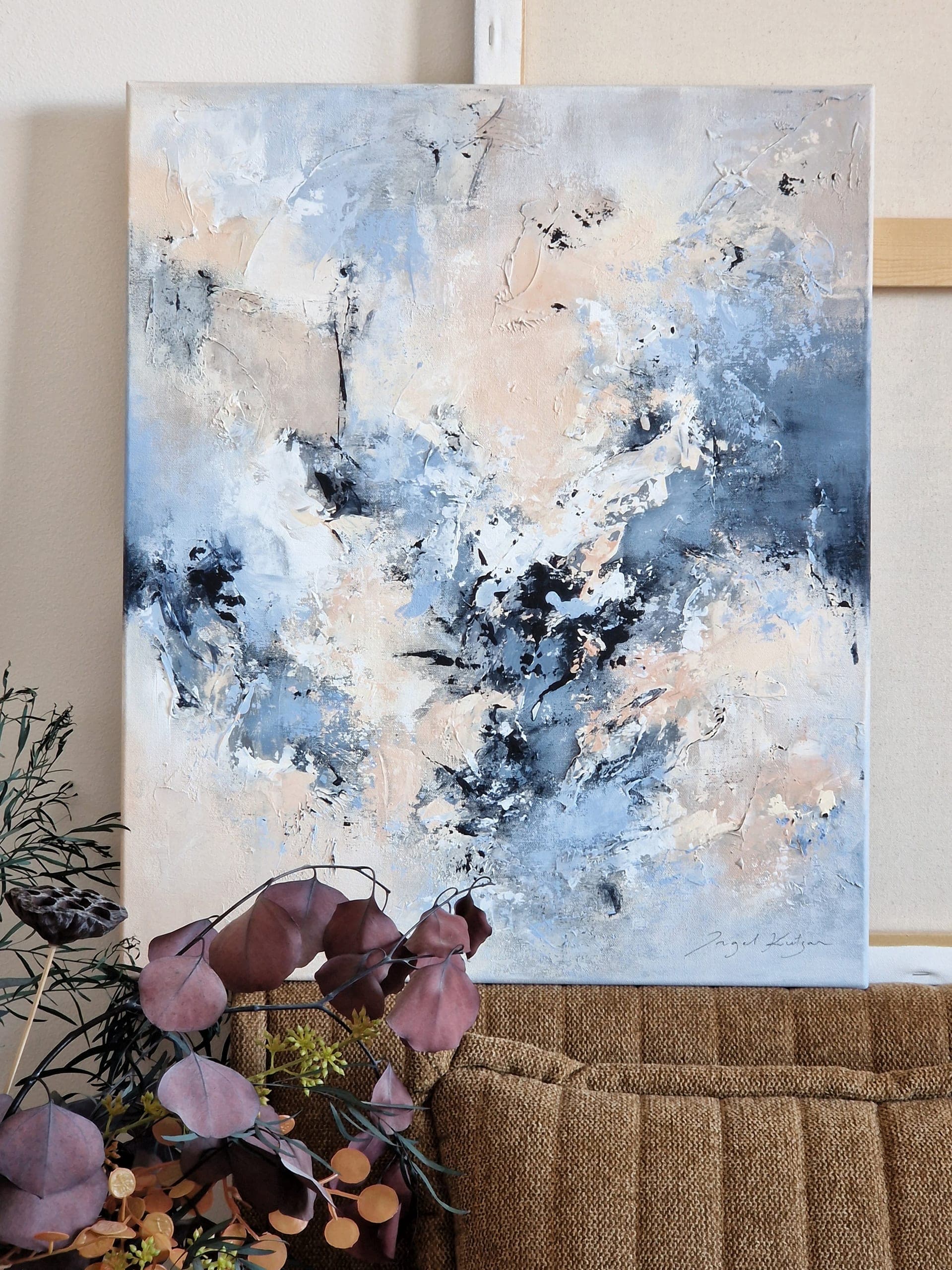 The Power of Gentleness – original abstract painting in Light and dark blue, white, light yellow and light pink tones with rich texture