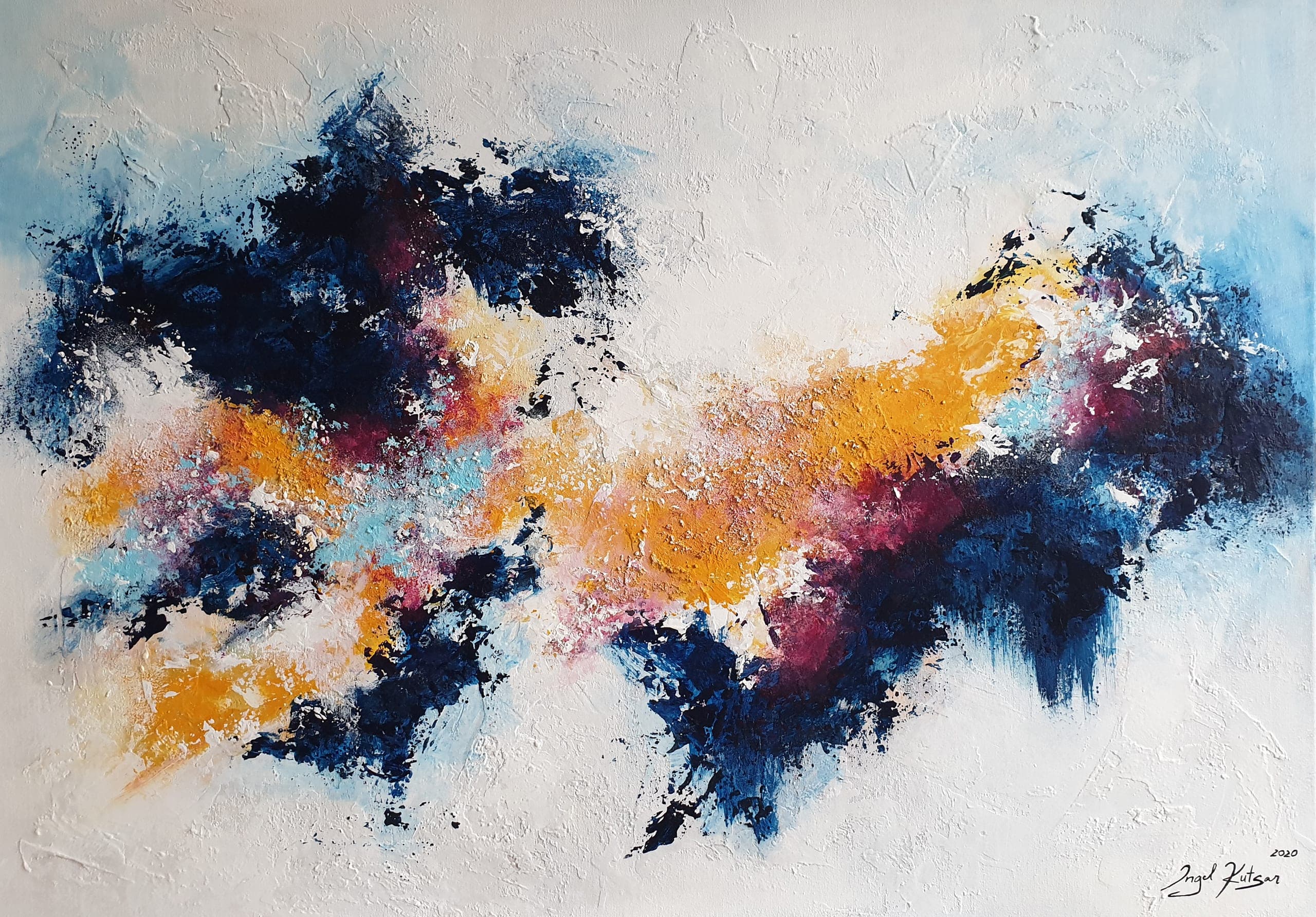 Paradise – textured original abstract painting in bright blue, orange and white tones