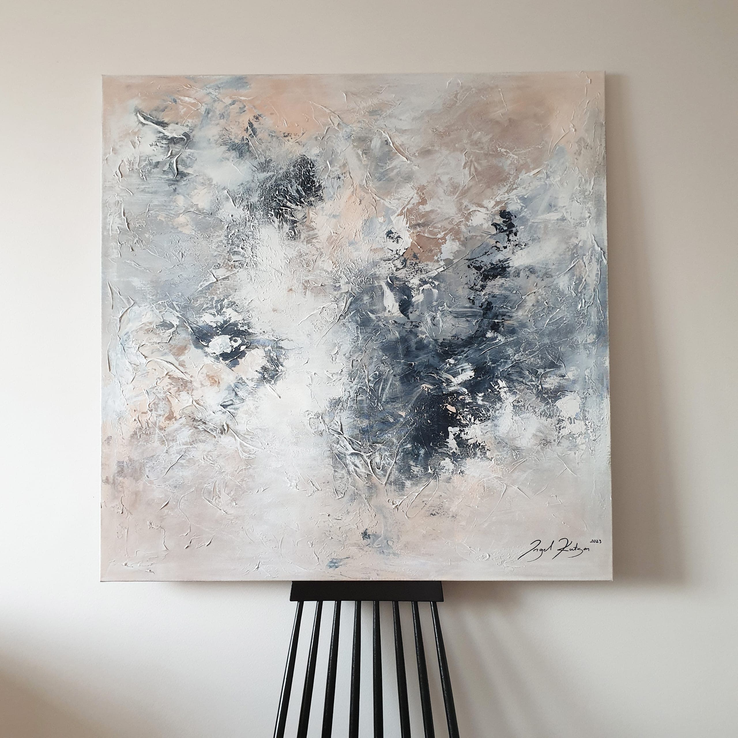 Boundless joy – textured original abstract painting in light beige, dark and light blue ang white tones
