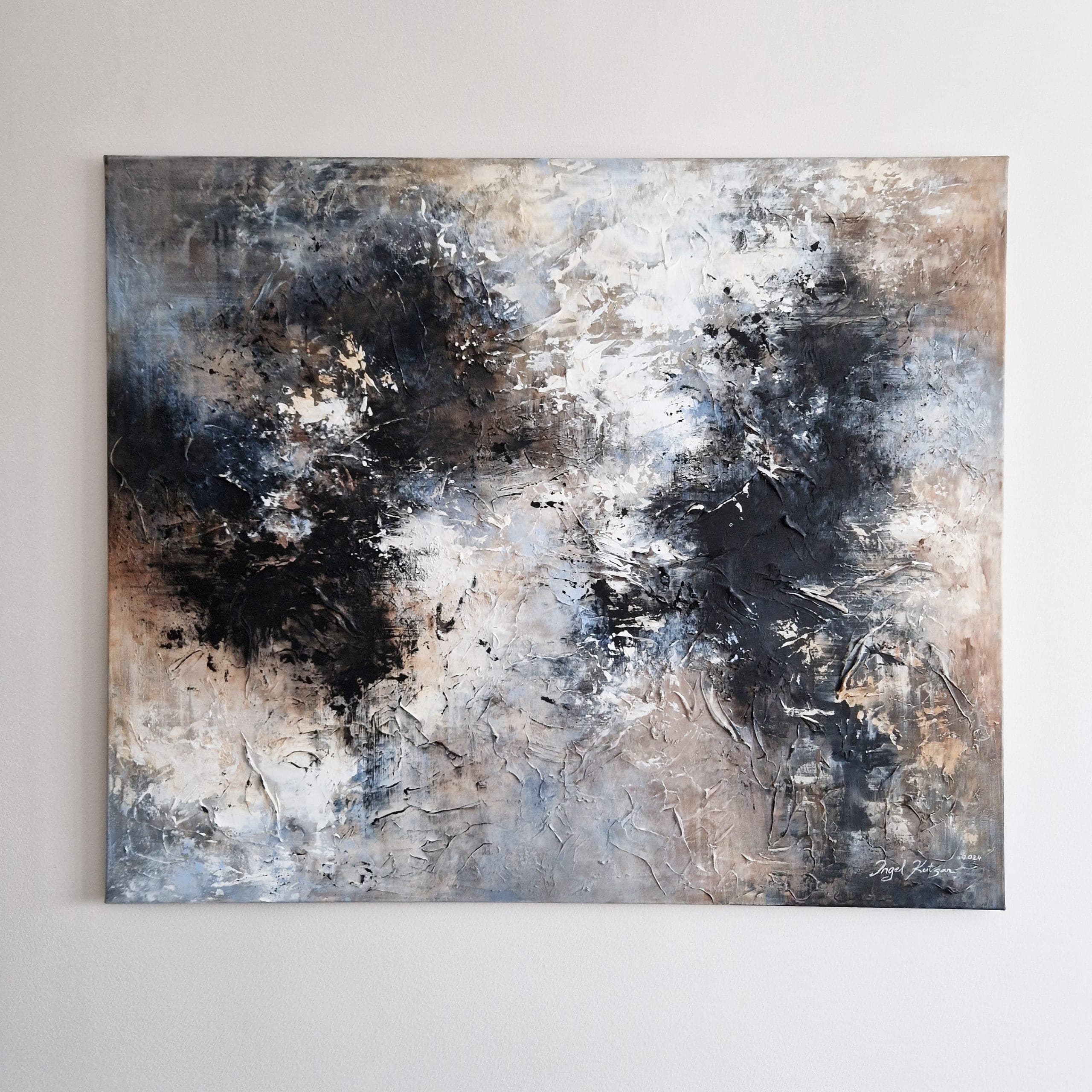 Beauty of darkness – textured original abstract painting in brown, gray, blue and black tones