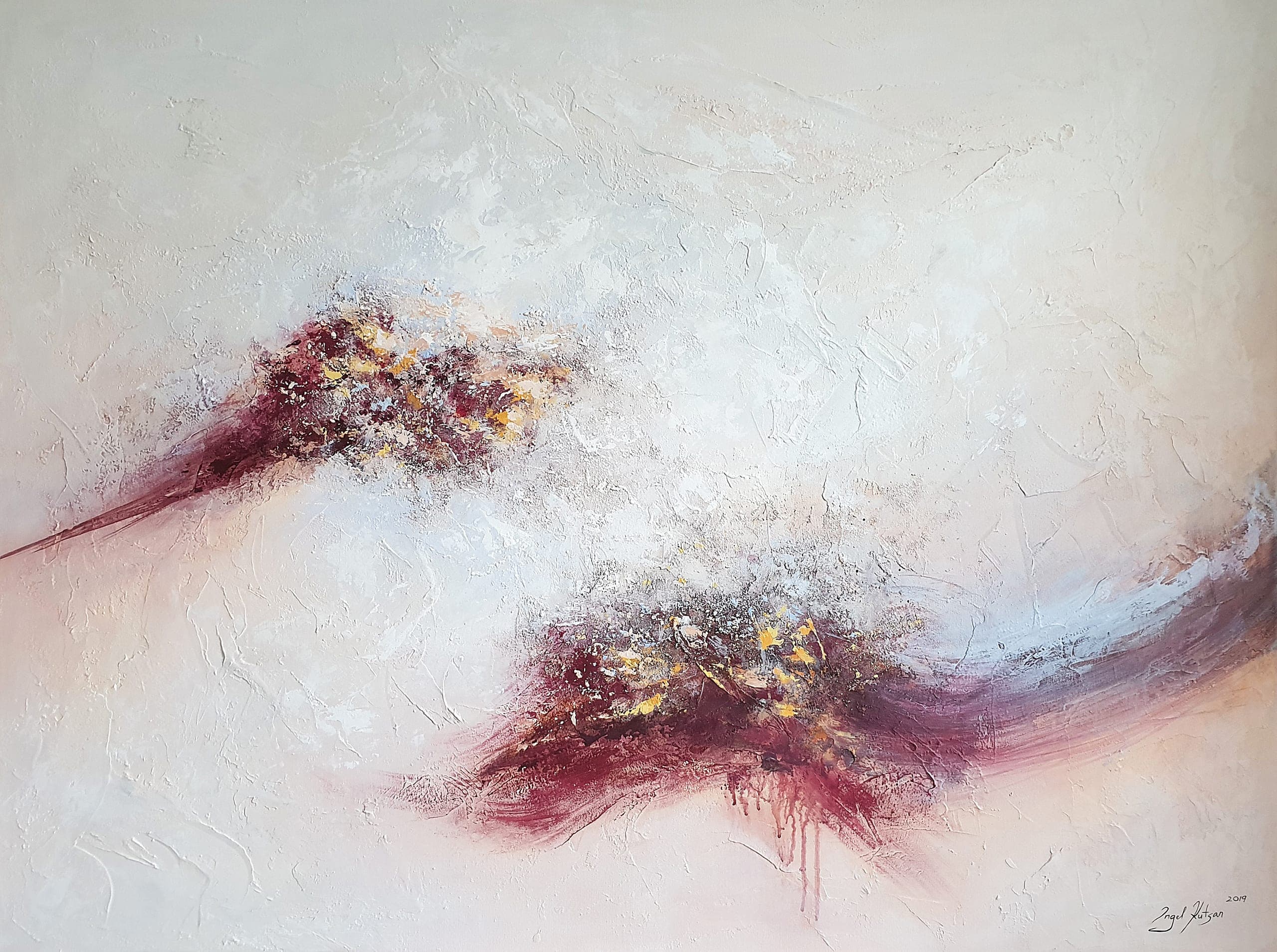 Contemporary abstract painting "Untamable" featuring layered texture and balanced composition in red, beige and white tones
