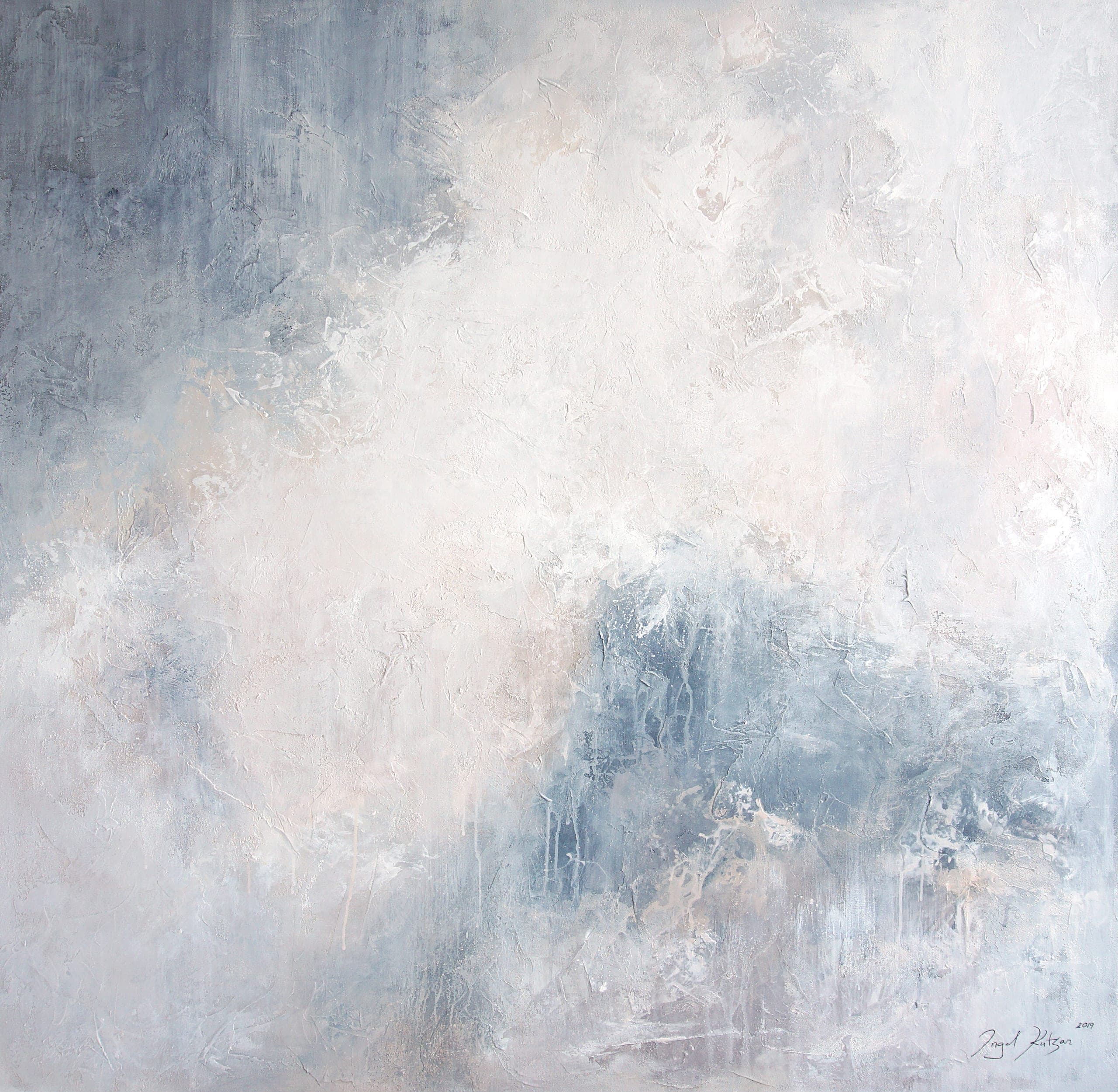 Serenity– textured original abstract painting in gray bluish, beige and white tones
