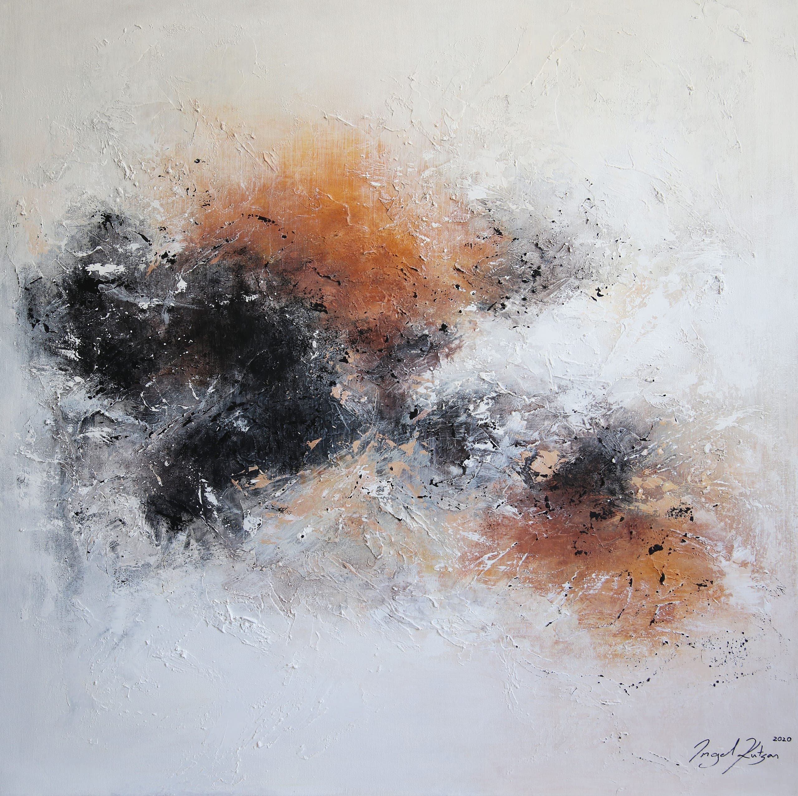 Wondering thought – textured original abstract painting in orange , black and white tones