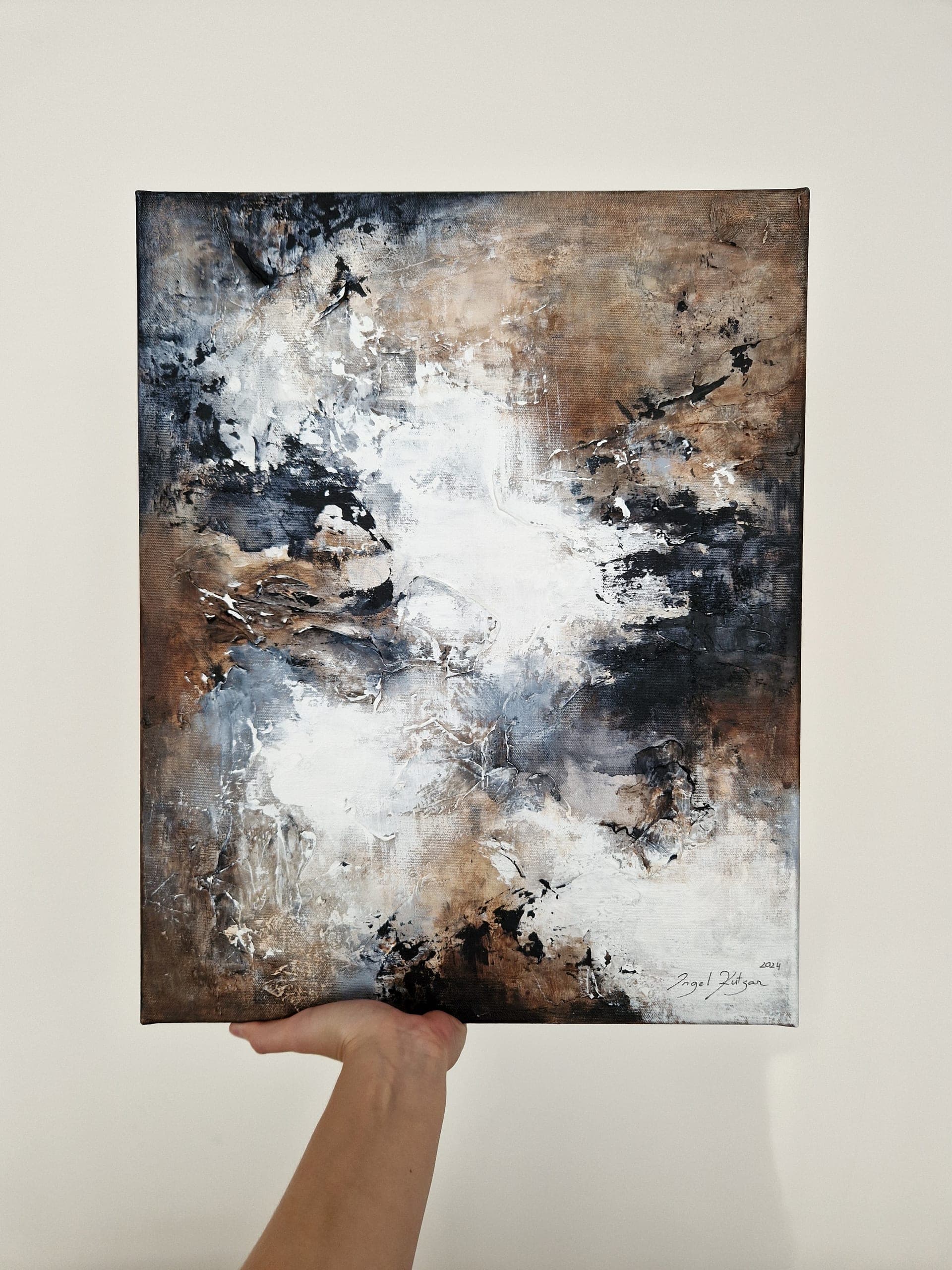 In Gentle gyre – textured original abstract painting in blue and brown tones