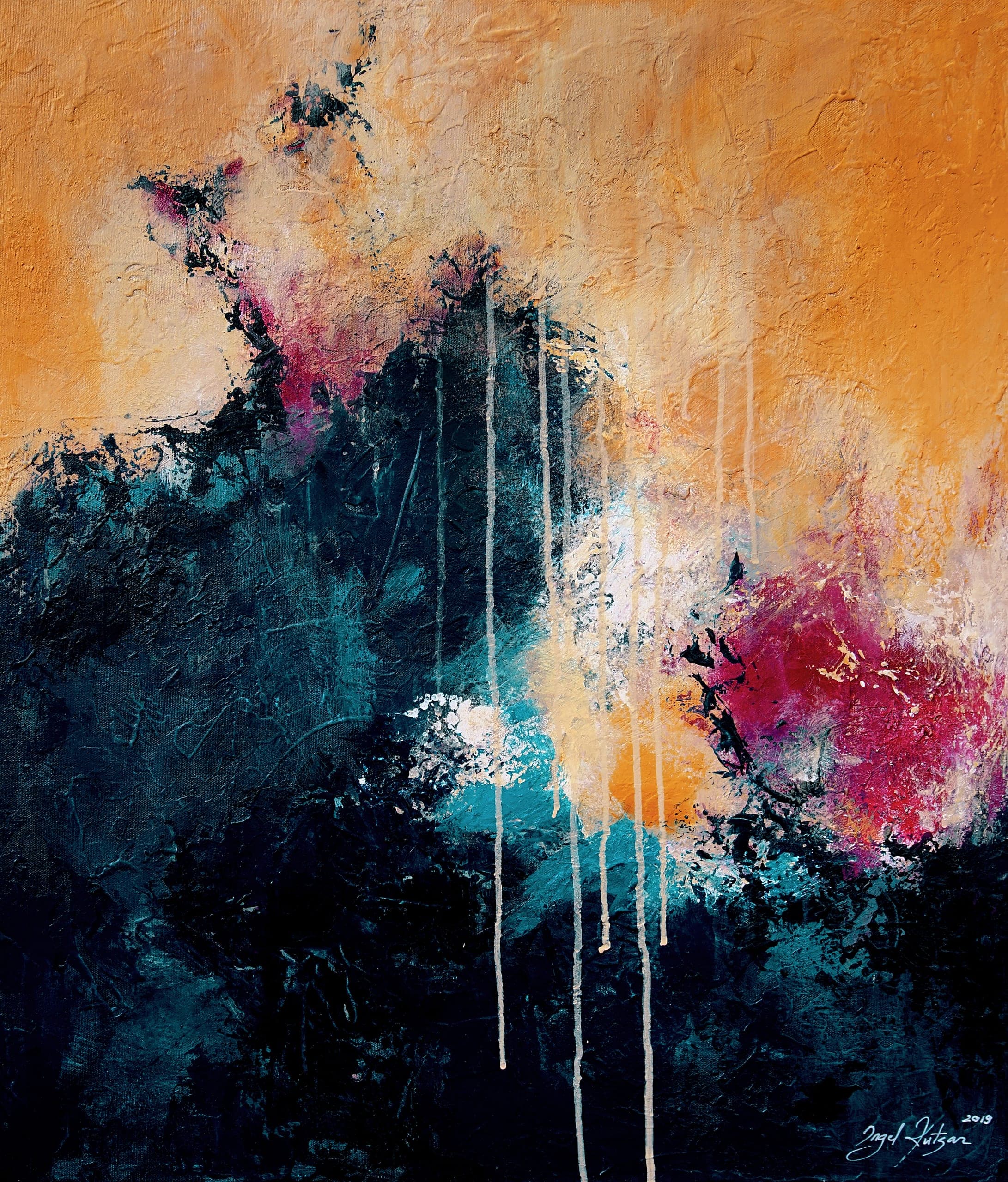 Flash – textured original abstract painting in bright yellow, pink and dark green tones